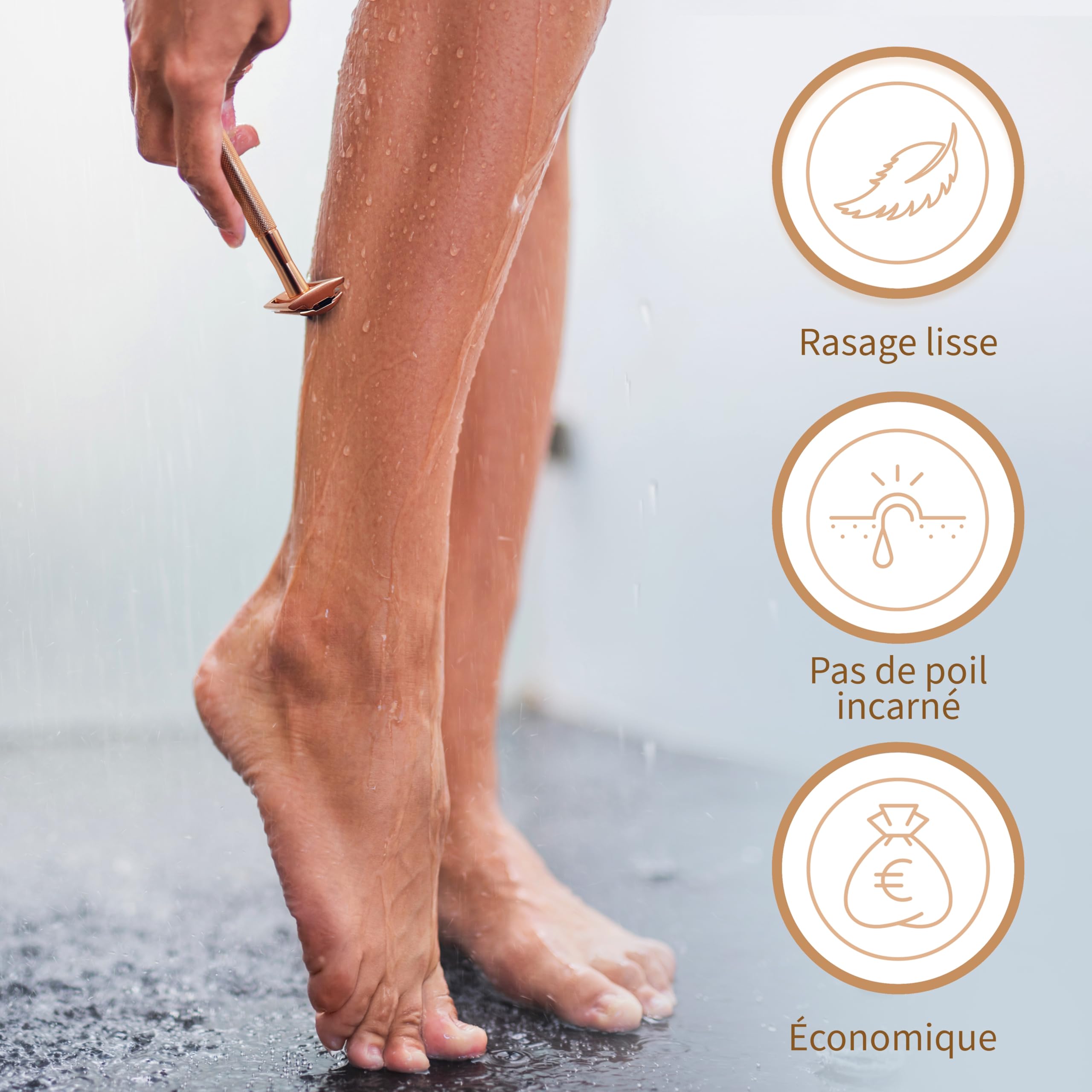 Bambaw Rasoir de Securite Femme en Métal avec 5 Lames de Rechange en Acier inoxydable Suédois, Rasoir Manuel Femme pour un Rasage Net et Lisse, Durable et Facile à Utiliser (Or Rose)