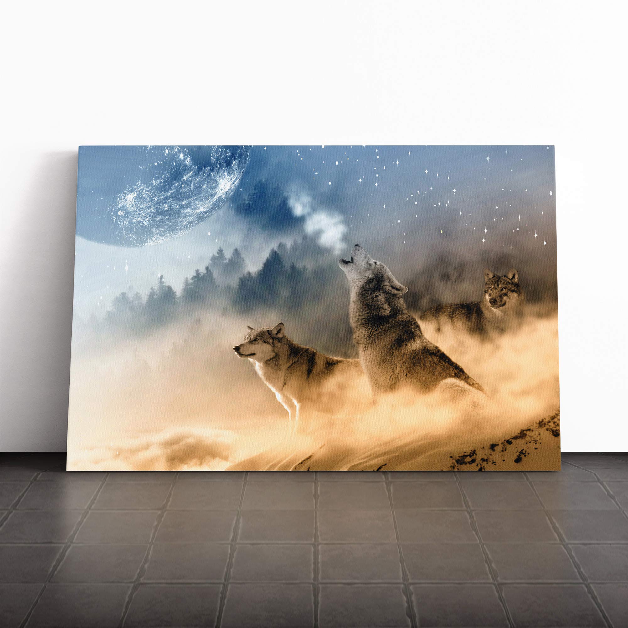 Wolves Howling at The Moon Forest Landscape Canvas Print | Gallery Wrapped 30mm Frame Wall Art | 30x20 inches | Ready to Hang | Modern Space Picture | Living Room Bedroom Lounge Office