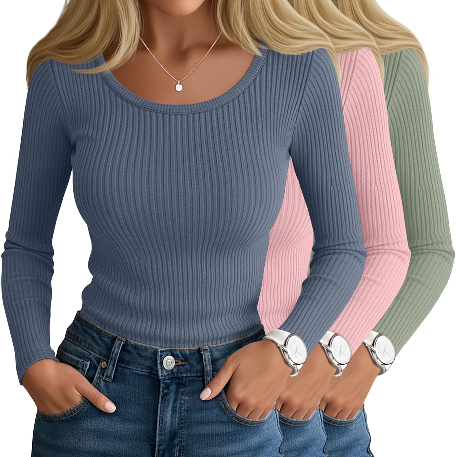 Ficerd 3 Pack Women's Ribbed Long Sleeve Tops Scoop Neck Slim Fit Shirts Cotton Casual Fall Going Out Basic Tee