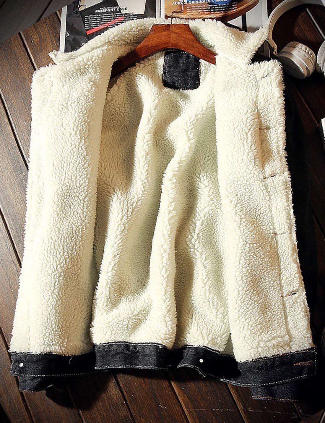 Omoone - Chaqueta de mezclilla gruesa con forro polar de borreguito y solapa, chaqueta de camionero para hombre