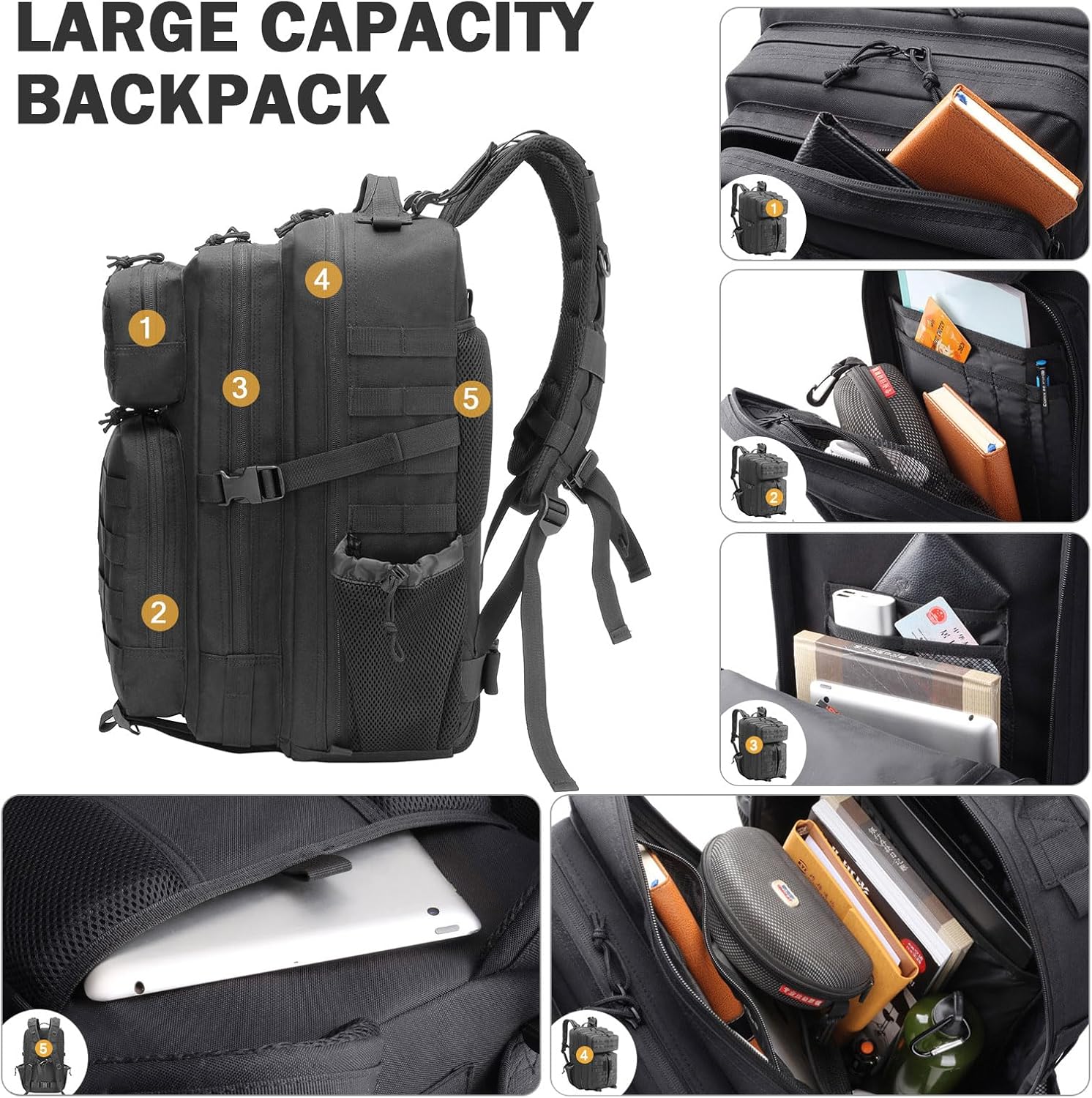 MINGPINHUIUS Military Tactical Hiking Backpacks: 45L Assault Rucksack MOLLE Daypack for Men and Women for Outdoor Treeking Camping (Black)