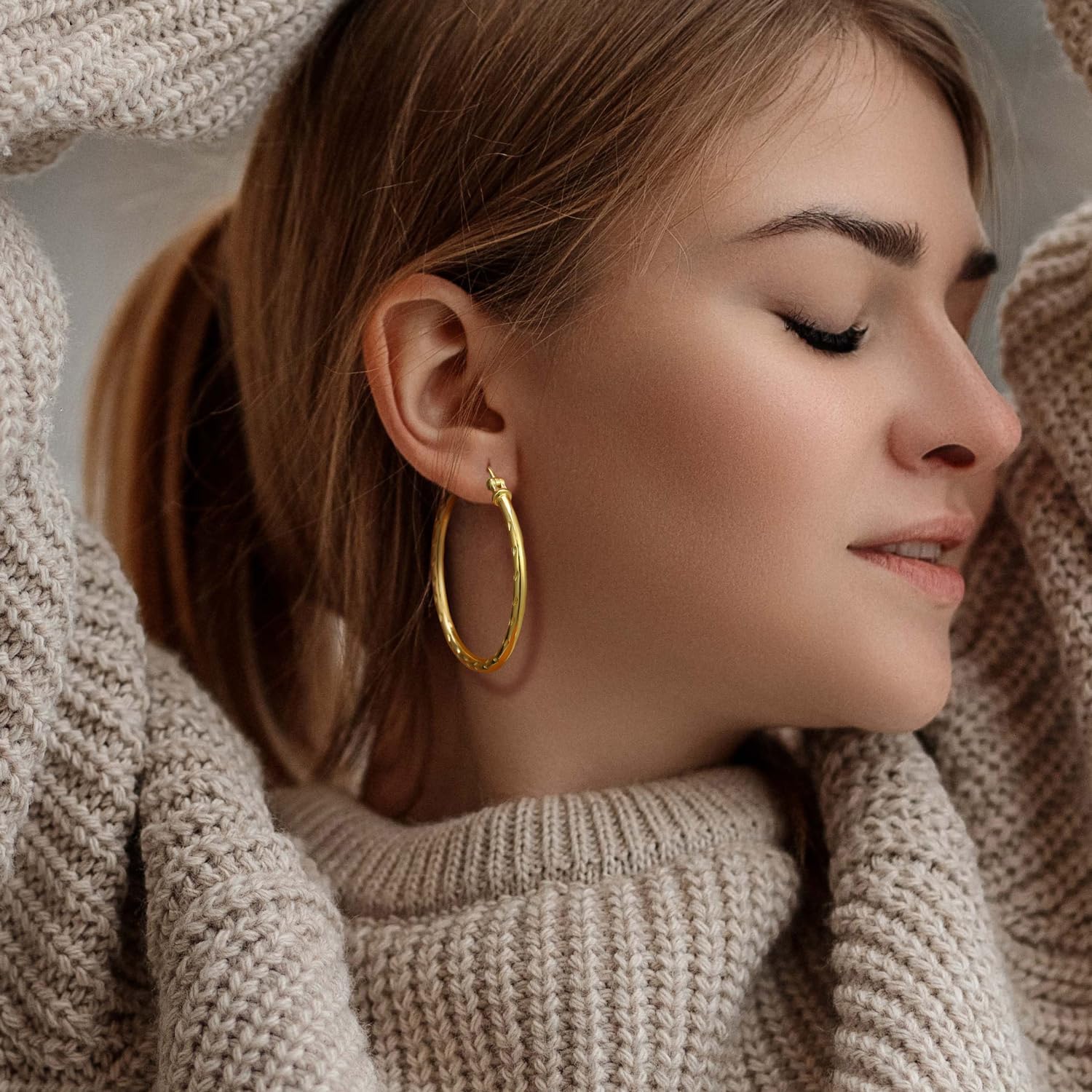 Hoop Earrings 14K Gold Hoops Earrings for Women’s Hoop Earring Large Gold Hoops Earring Dot-like Engraved Pattern 35 * 2.5mm - Image 3