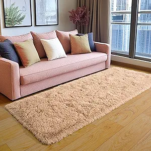 KING DARE 2x6 Runner Rug for Bedroom, Fluffy Shaggy Beige Rugs for Dorm, Fuzzy Shag Non-Slip Washable Soft Plush Carpet for Bedside Girls Boys Kids Room Decor