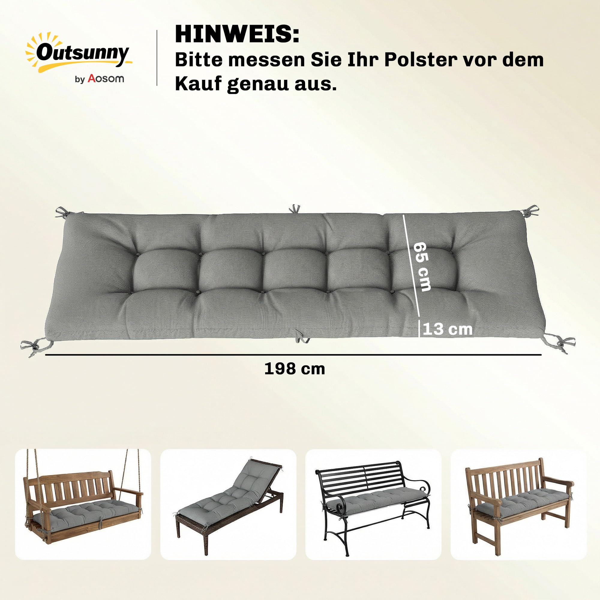 Outsunny Poduszki na palety, zdejmowane, do użytku na zewnątrz, 198 x 65 x 13 cm, jasnoszare | Poduszki do siedzenia, poduszki na palety z taśmami mocującymi, nakładki na palety do większości leżaków, odporne na warunki