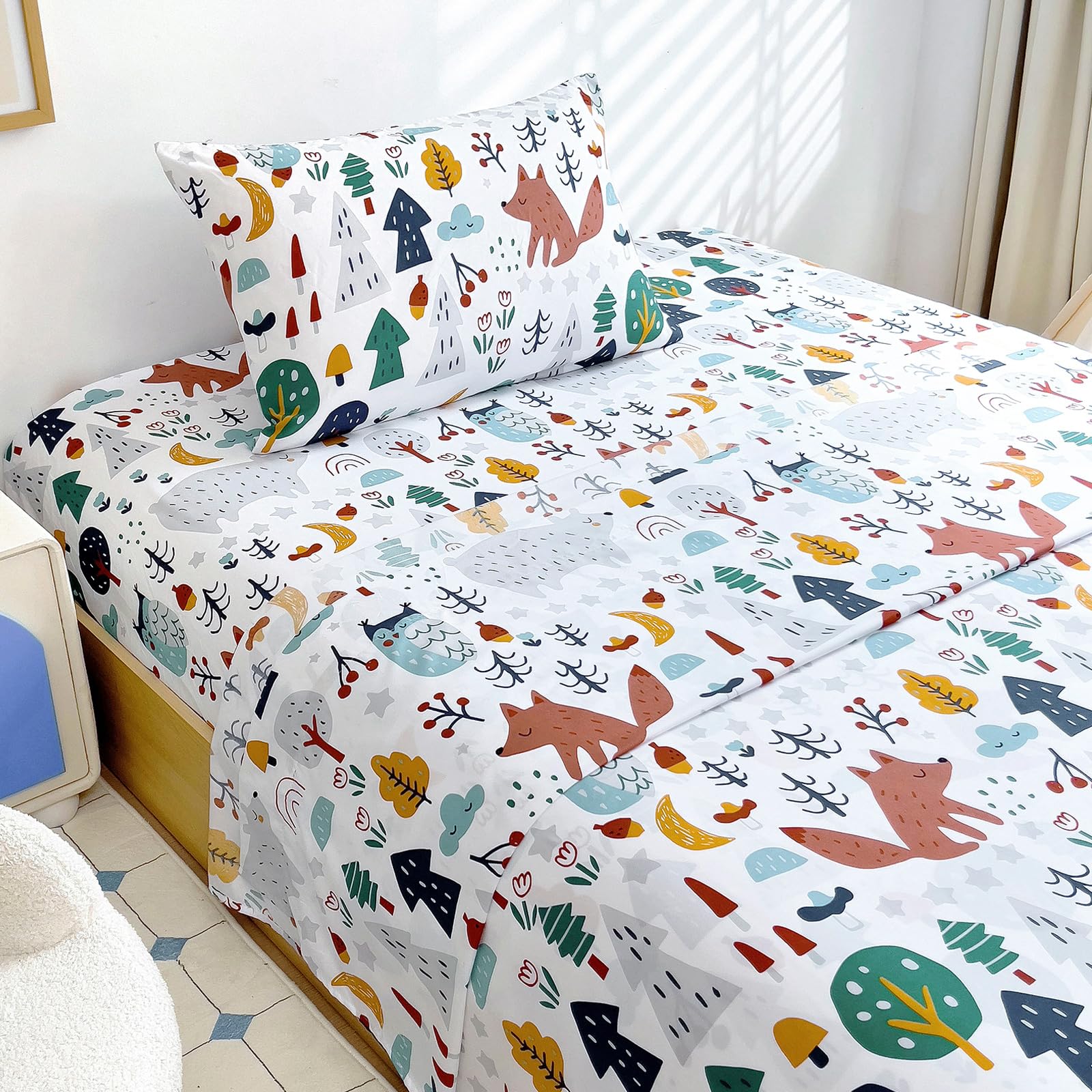 Twin Sheet Set Kids - Cute Fox 3 Pieces Soft Microfiber Cartoon Style Bedsheets for Boys Girls Teens, Oeko TEX Breathable 15 Inch Deep Pocket Sheets(Forest)