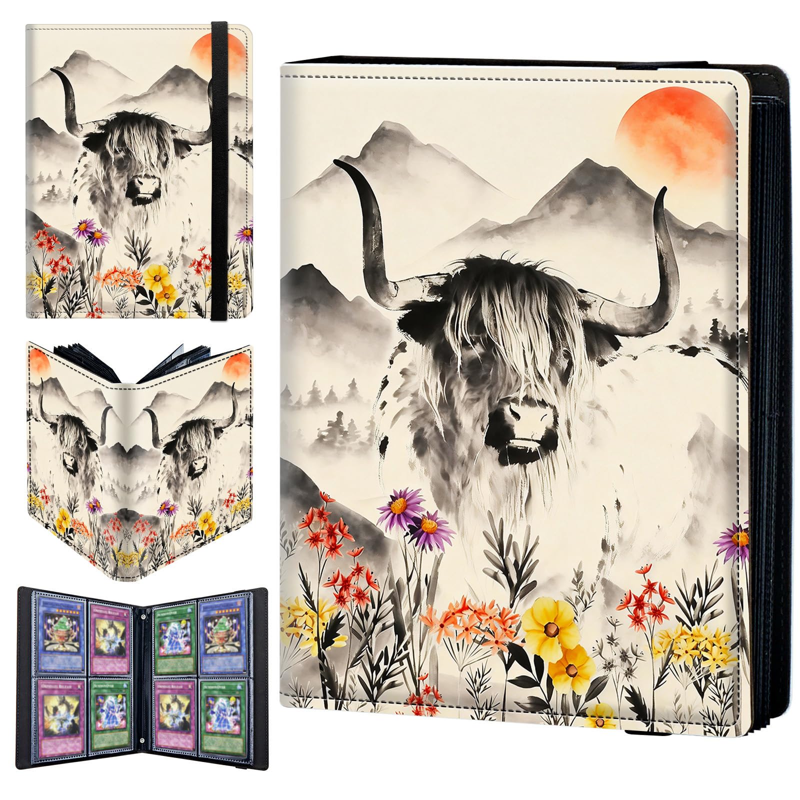 4 Pocket Trading Card Binder 240 Side Loading Pocket Album with Mountain Cow Flowers Pattern Design Card Binder for Sports Cards & Game Cards
