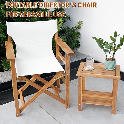 Miniatura 8 de Silla de director de madera, madera de acacia, para interior, exterior, camping, patio, jardín, lona blanca
