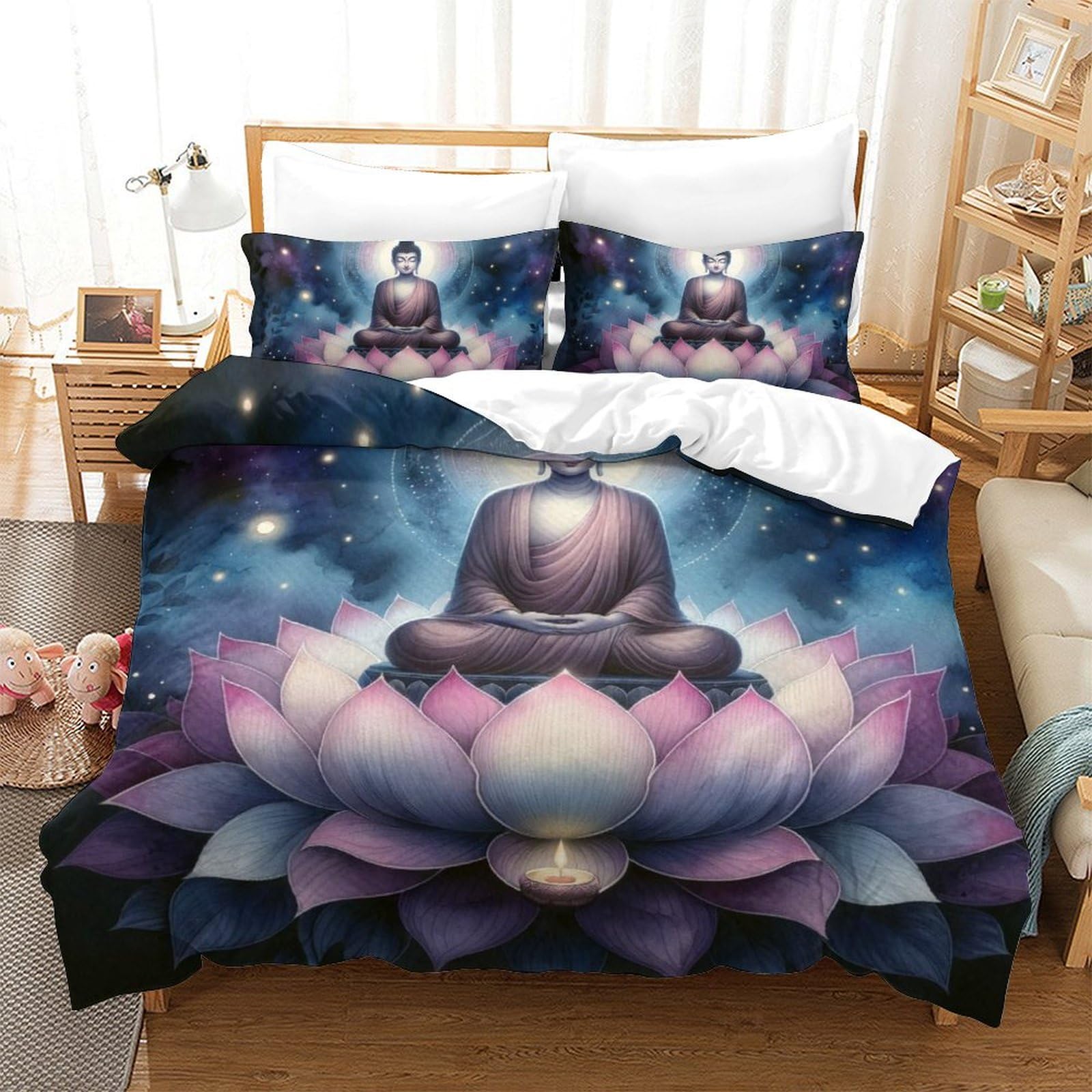 Housse de couette Bouddha 220x240 microfibre parure de lit 3 pièces pour ado et enfant