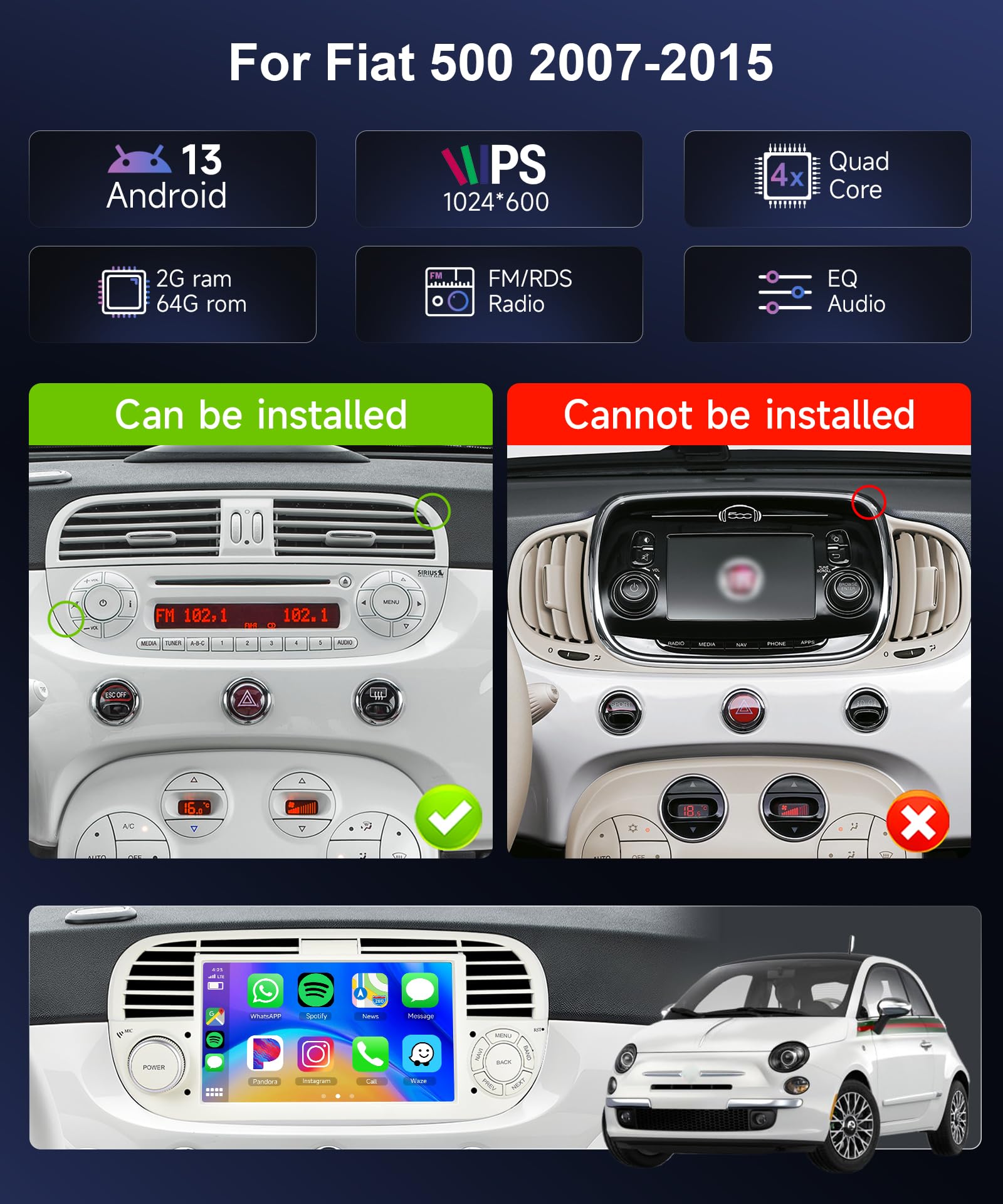 Android 13 Car Stereo for Fiat 500 2007-2015 with Wireless Carplay Android Auto - Image 2