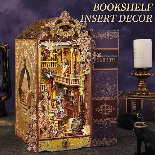 Miniatura 3 de TuKIIE Kit de bricolaje en miniatura para rincón de libros, estilo antiguo Egipto, estantería de casa de muñecas con sensor de luz y movimiento