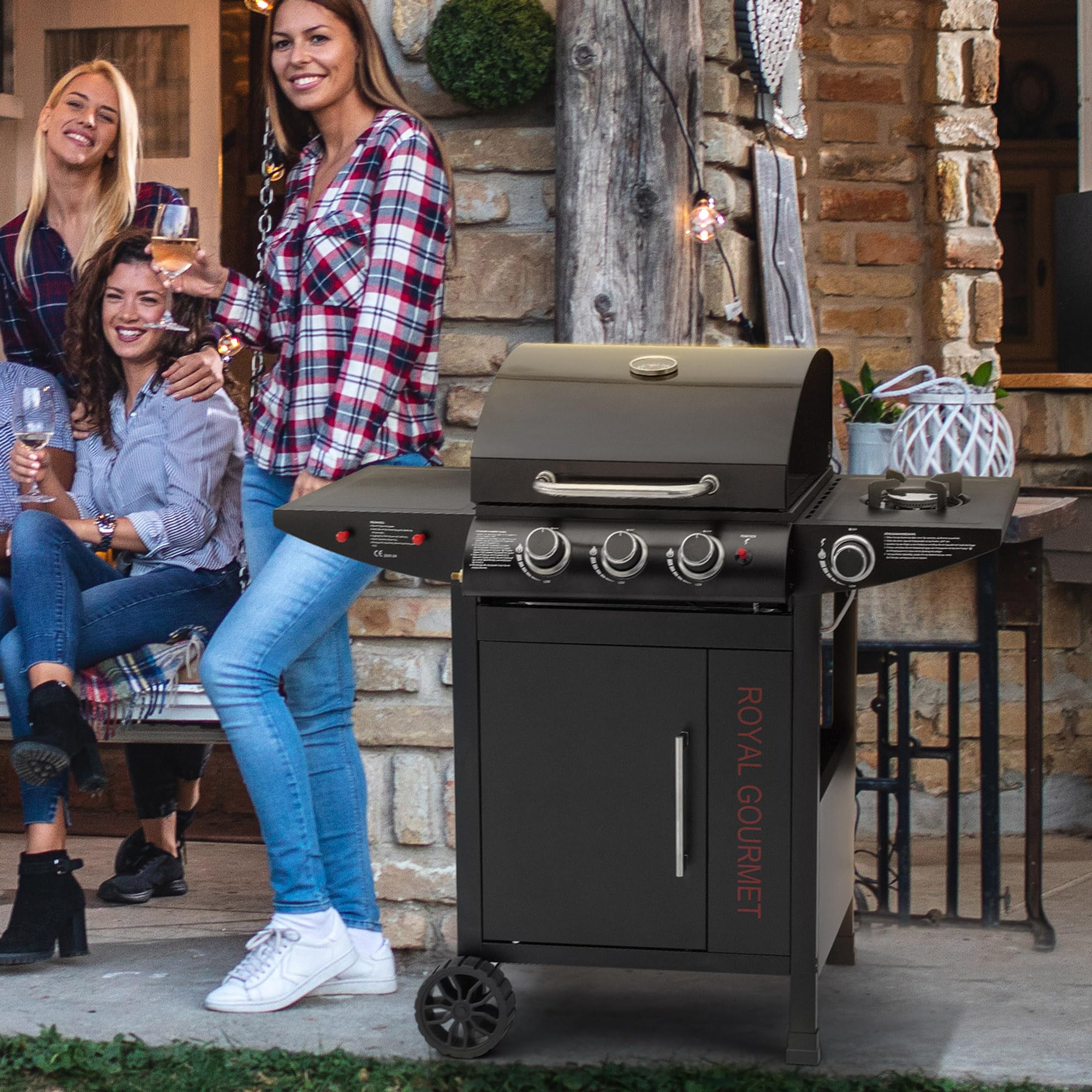 Royal Gourmet Gasgrill 3+1 Brenner Grillwagen mit 11,5 kW, Campinggrill mit Seitenbrenner, Outdoor Gas Grill inkl. Haken, Unterschrank für Balkon, Party Schwarz