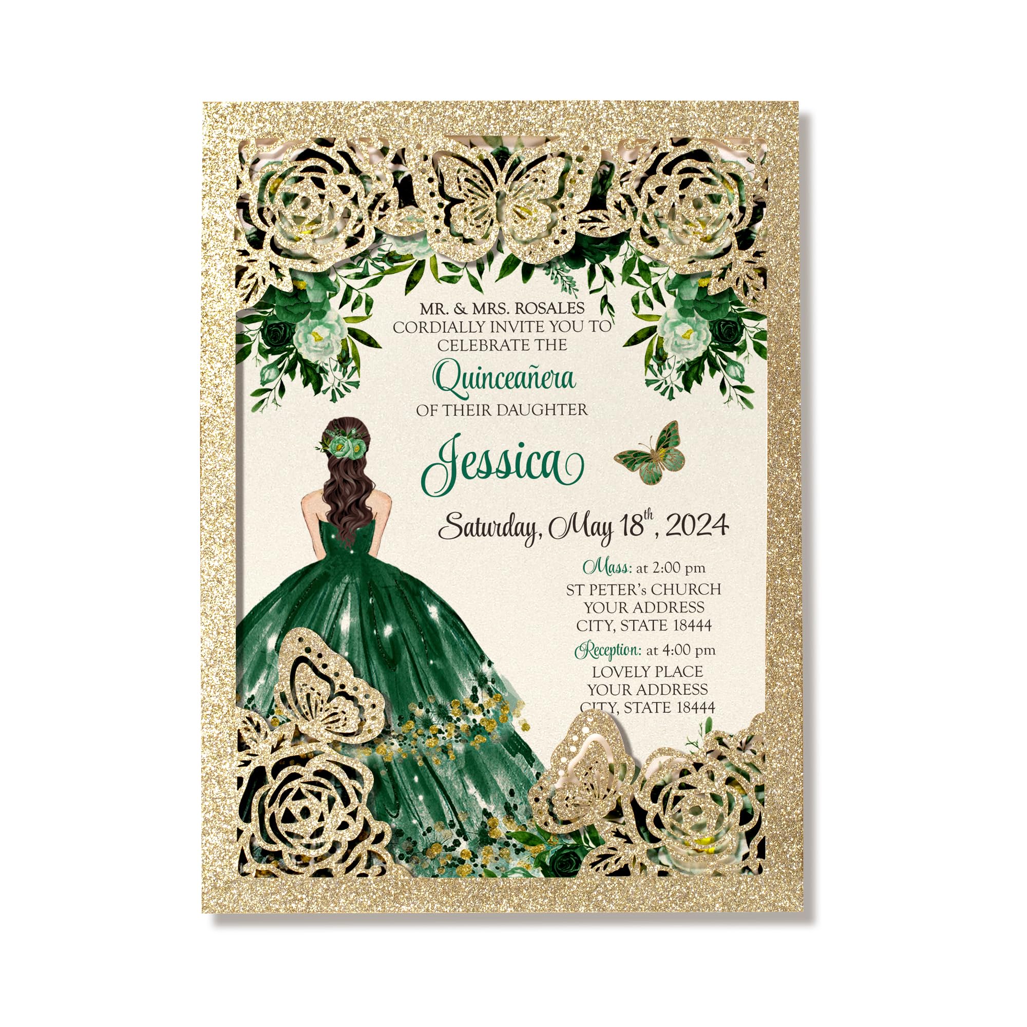 DORIS HOME 50Pcs Glitter Gold Butterfly Invitations for Quinceanera, 15 year, Sweet 16, Miss XV, 5.12" x 7.12" Birthday Laser Cut Quince Invitation Cards(No Inserts Included)