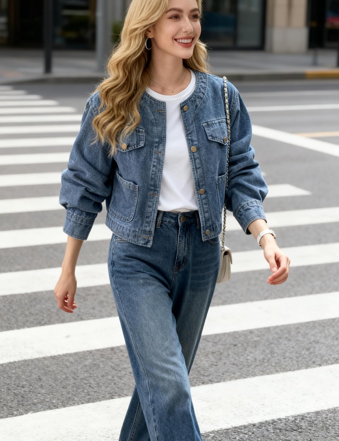 Omoone Women's Denim Jacket Long Sleeve Crop Button Down Collarless Jean Jacket Coat with Pockets - Image 3