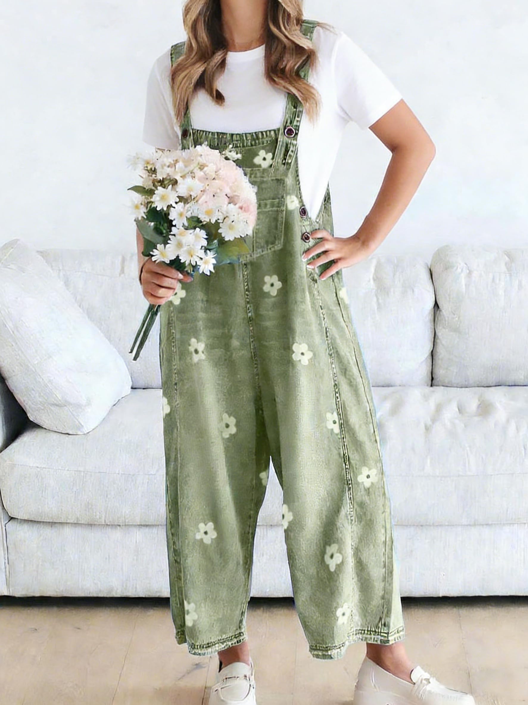 utcoco Femmes Floral Imprimé Ceinture Réglable Bavoir Denim Salopette Large Jambe Jeans Casual Baggy Salopette Jumpsuit