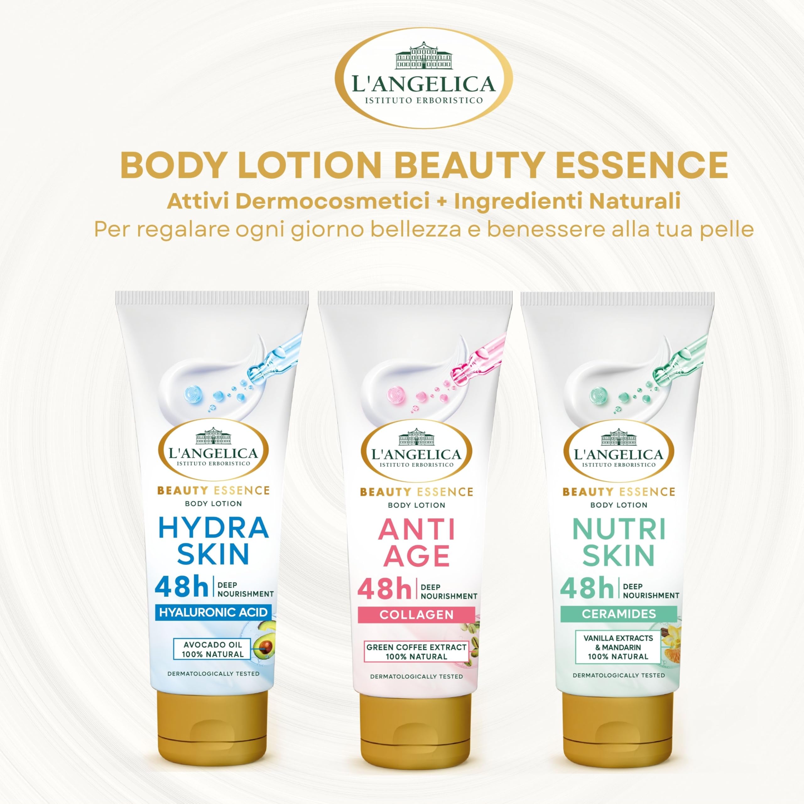 L'Angelica Beauty Essence, Body Lotion Hydra Skin, Pelle Morbida e Levigata, 48H di Idratazione, Crema Corpo Con Acido Ialuronico e Olio di Avocado 100% Naturale, Dermatologicamente Testato, 250ml
