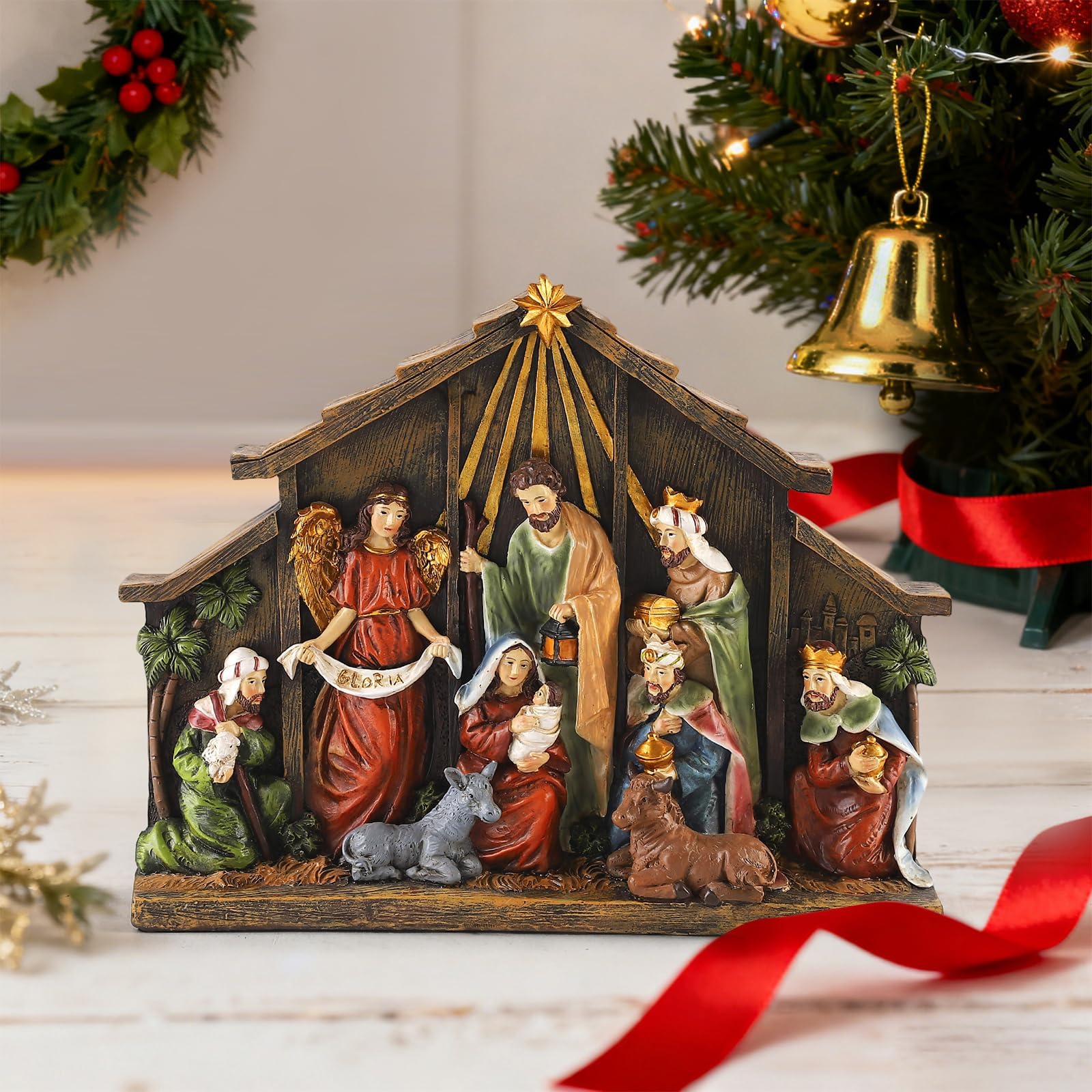 Presepe natalizio in resina, 27,4 cm, dipinto a mano