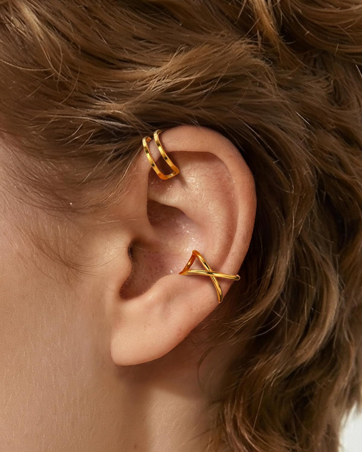2Pcs Adjustable Ear Cuffs Non Piercing, Clip On Cartilage & Helix Hoops, 14K Gold Plated Fake Helix Conch Earrings for Women