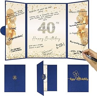 DARUNAXY Blue Gold 40th Birthday Party Decorations, Blue Happy 40th Birthday Alternative Signature Guest Book for Men Women Cheers to 40 Years Old Gifts 40 Birthday Signing Card Board Party Supplies