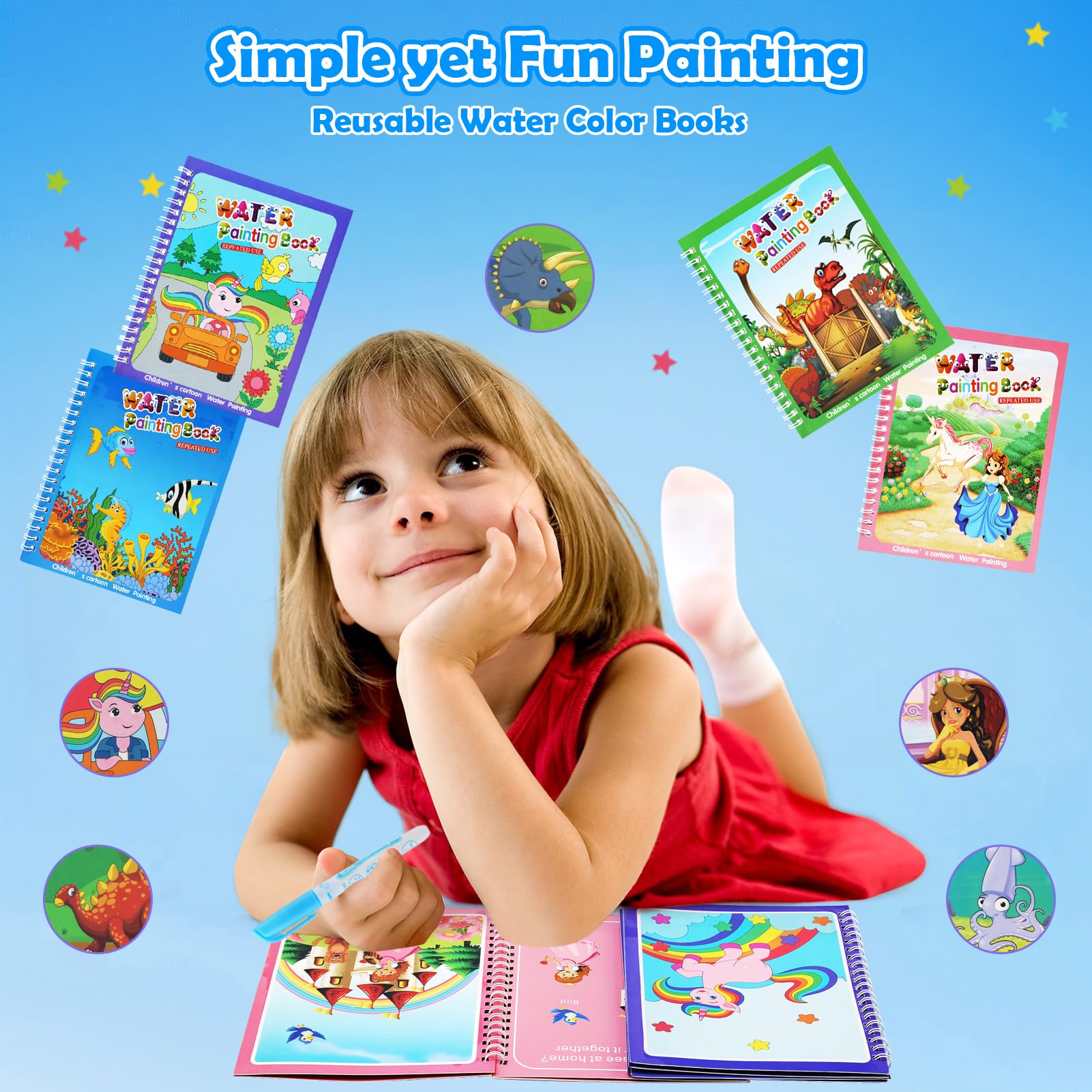 BelleStyle Magic Water Colouring Books, 4 Pieces Mess Free Water Painting Books for Children with 4 Water Pens - Image 3