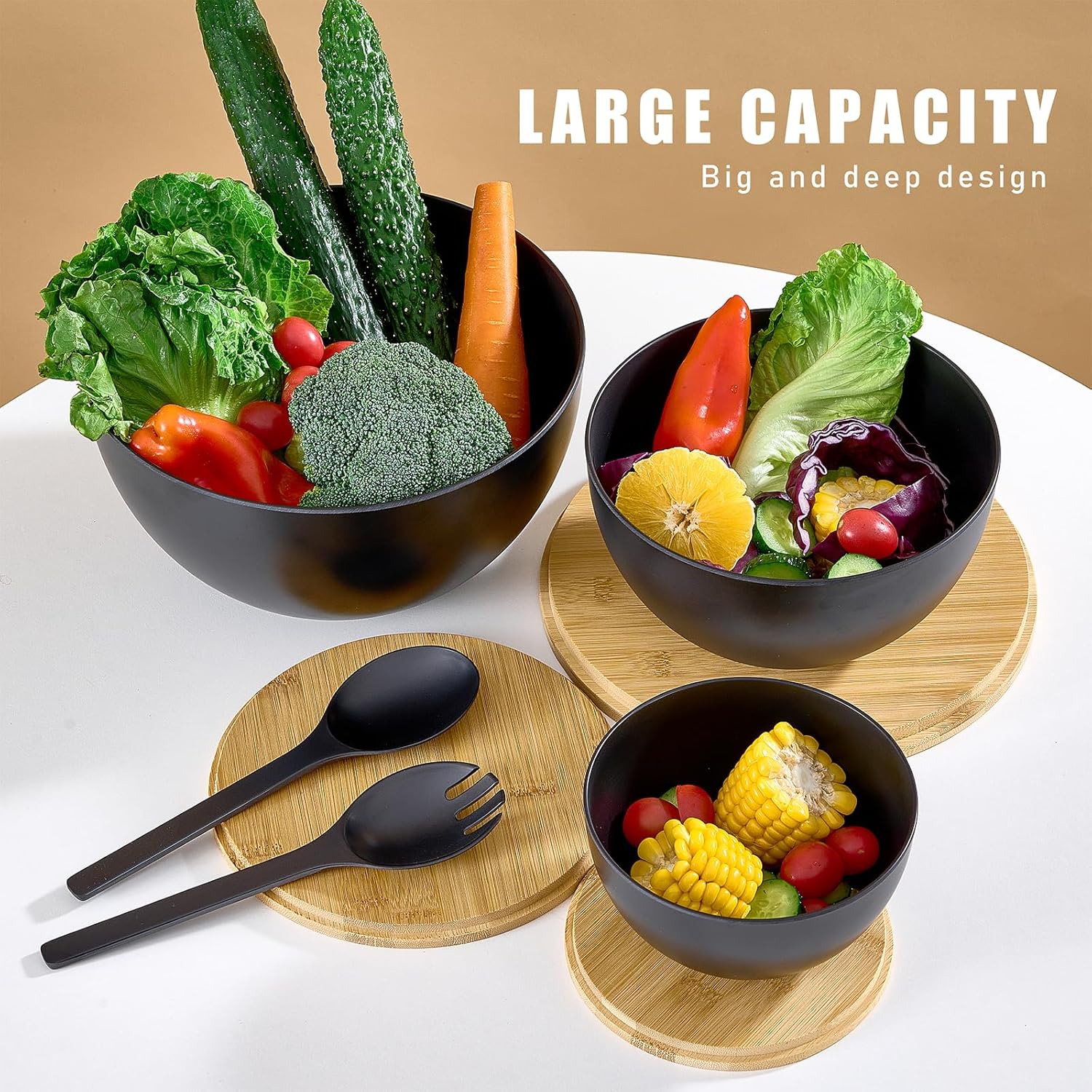 Large Salad Bowls with Bamboo Lids Set of 3, Mixing Nesting Bowls Round Serving Bowls with Servers for Salads, Kitchen Eating, Pastas, Popcorn, Chips, Trifle, Fruit, Food Prepare (Black,10",8",6" ) - Image 3