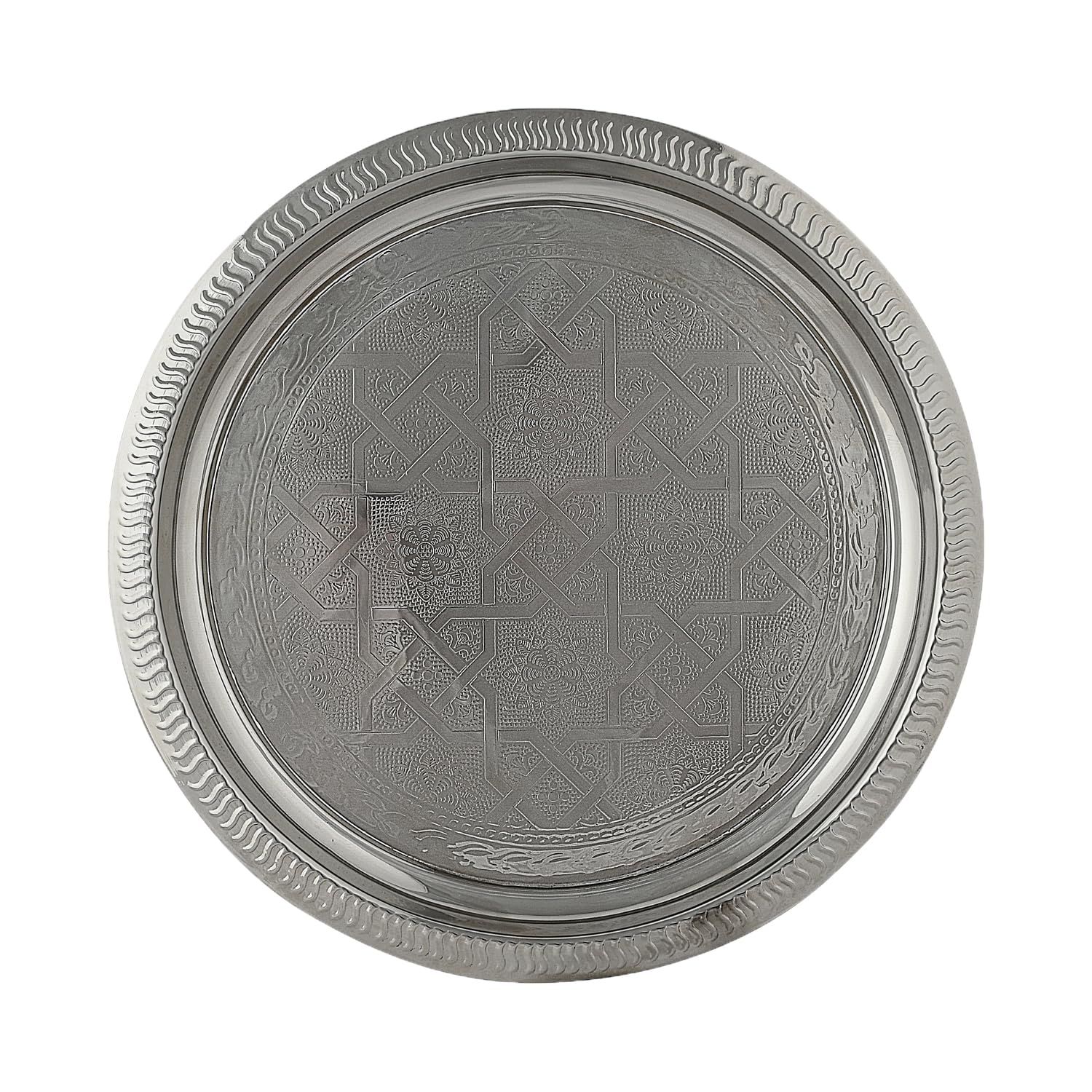 Orientalisches Serviertablett Nacera rund aus Metall in Silber 28 cm