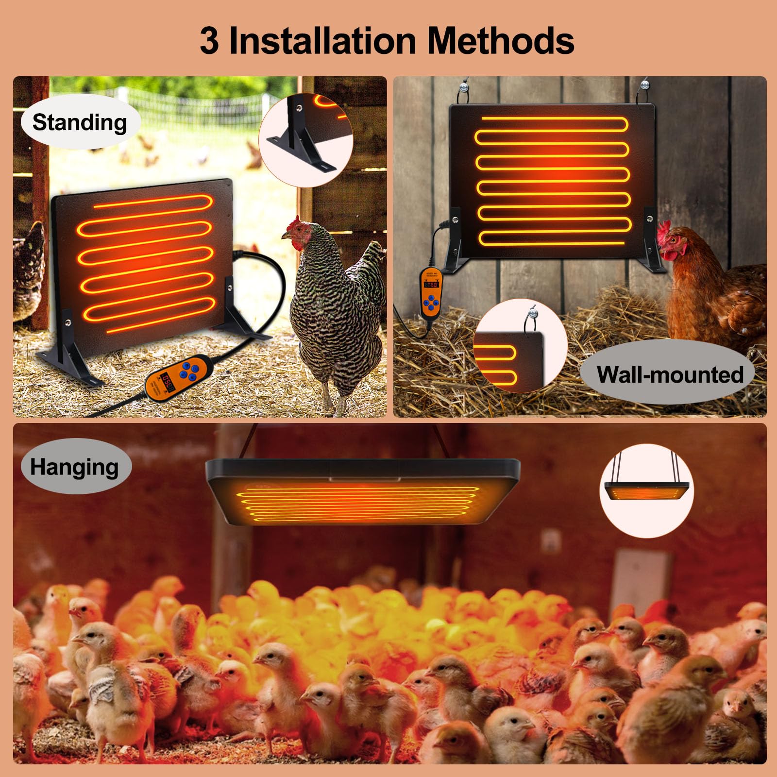 MQFORU Dual Sided Chicken Coop Heater, 120W Adjustable Wattage UL Tested Radiant Heat Energy