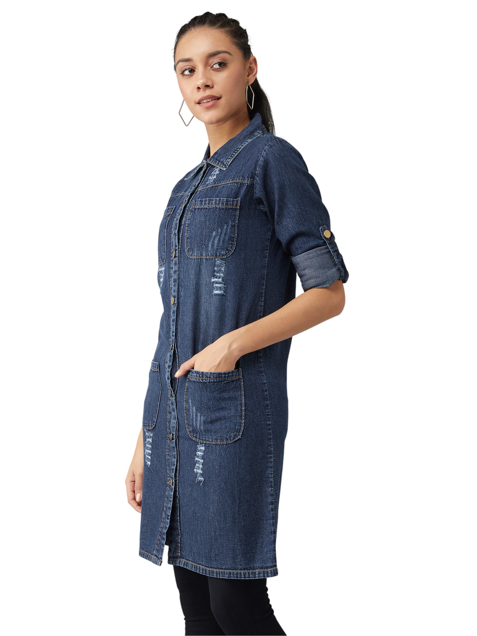 dolce crudo Women's Polo Neck Full Sleeves Patch Pocket Denim Overcoat Knee-Length Jacket-picture-30