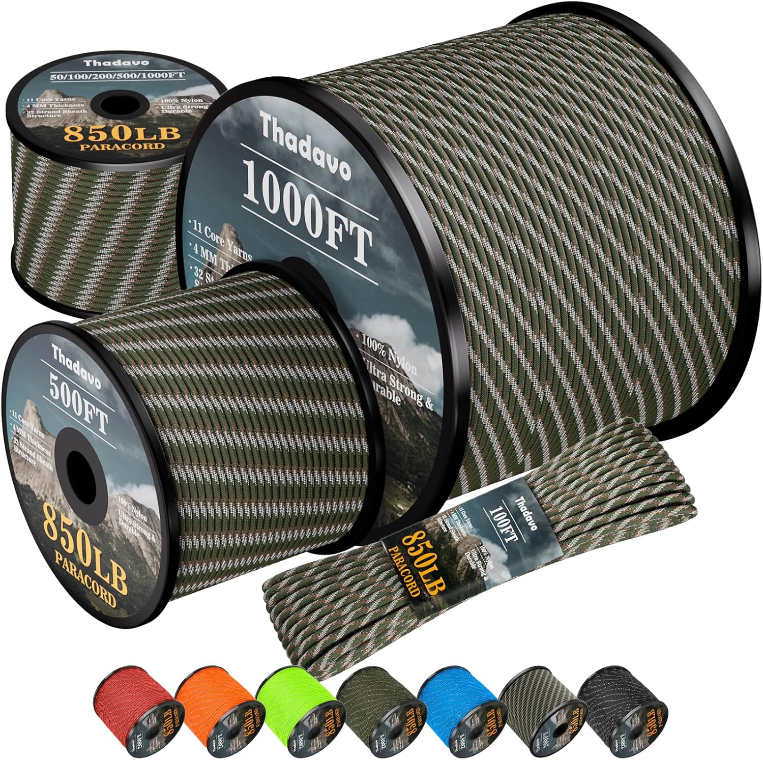 850Ib Reflective Paracord Rope, 50/100/200/500/1000ft 4MM 11 Strand Parachute Cord, Survival Paracord Rope Tie Down for Crafting, Tent, Camping, Clotheline, Hiking, Fishing, Camo Green 1000FT