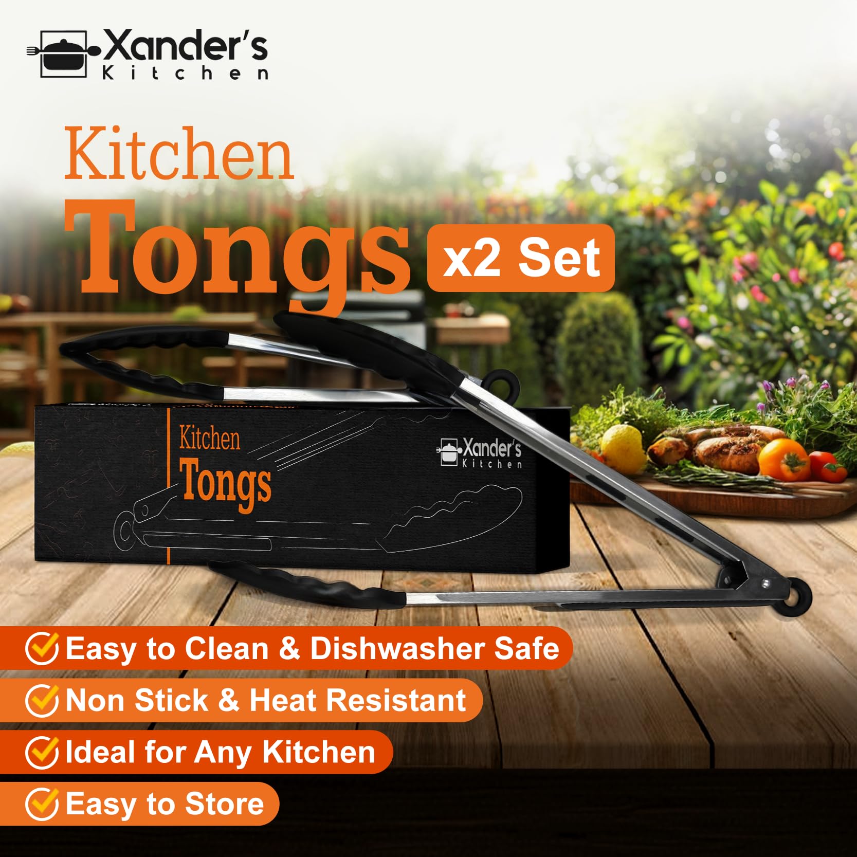 Xander's Kitchen Tongs for Cooking 9" & 12" Set of 2 Silicone Grip Non Stick Pasta Salad Frying BBQ Serving Meat (Black) - Image 3