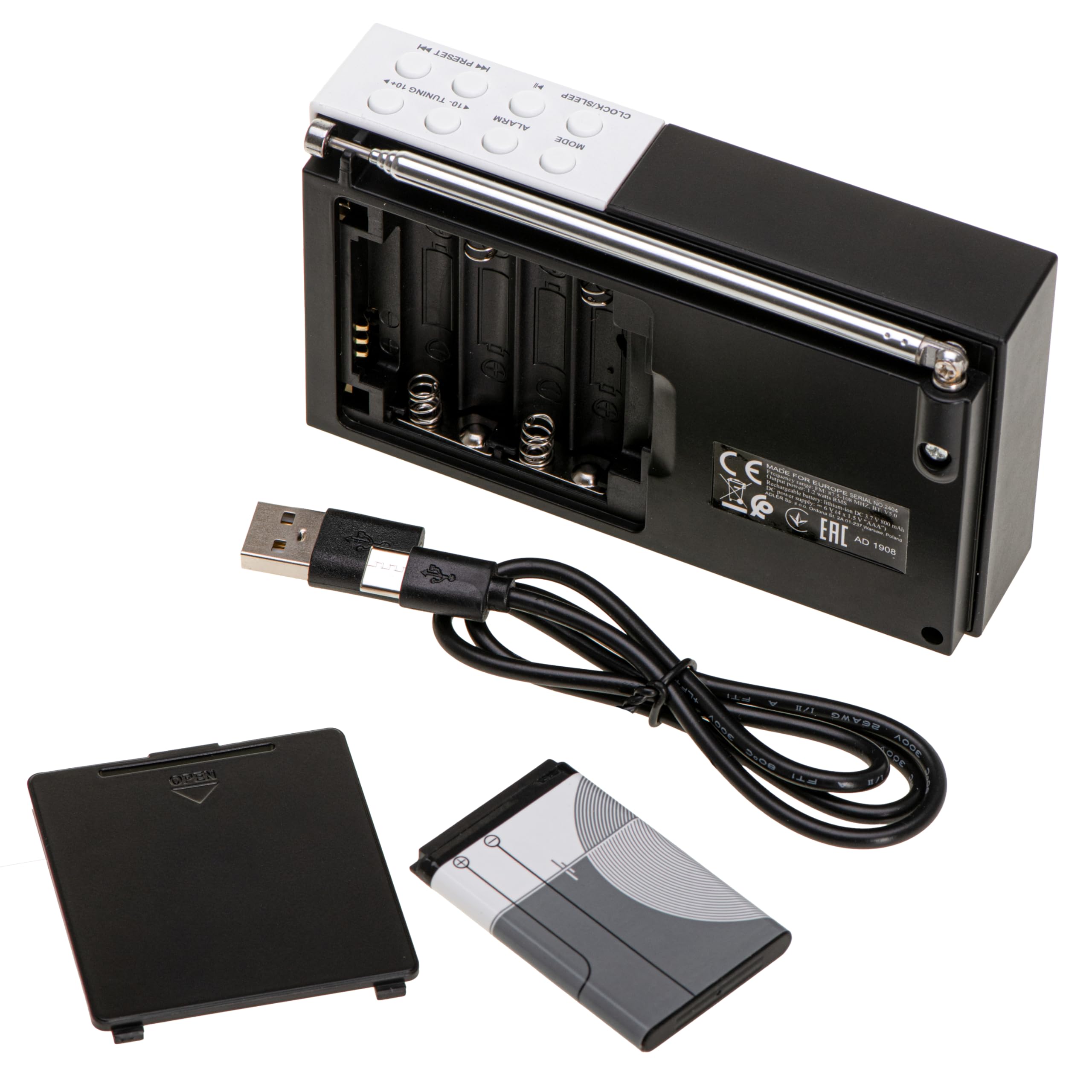 Adler Radio portatile digitale AD 1908, sintonizzazione PLL avanzata, FM con Bluetooth, schermo LCD, batteria rimovibile da 800 mAh, allarme, antenna telescopica, nero e bianco