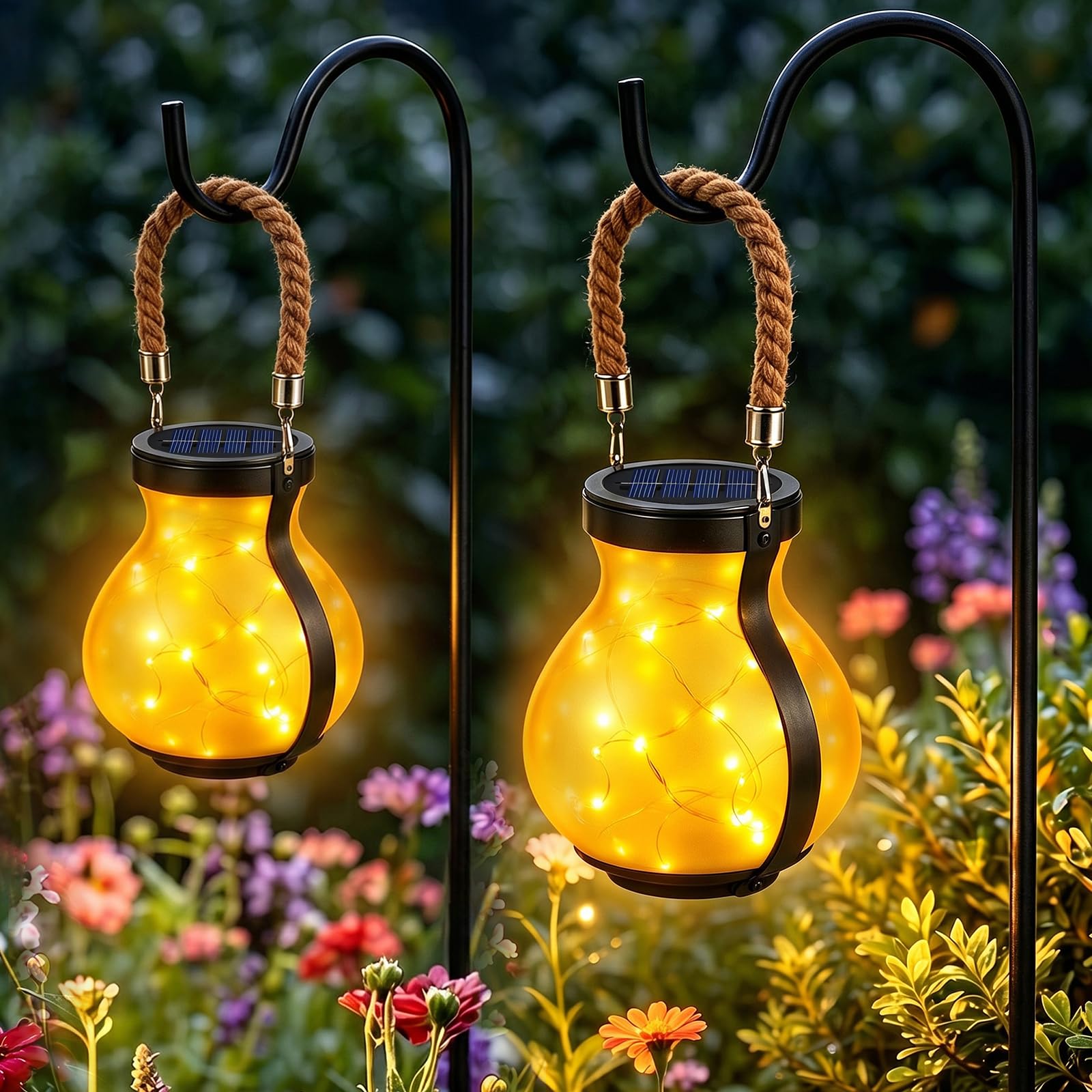 Photo 1 of 2 Pack Solar Lights Outdoor Waterproof, Round Solar Garden Lights with Hemp Rope Handle, Warm White Firefly Effect LED String Lanterns for Patio Lawn Decor, Gardening Gifts for Mom Women