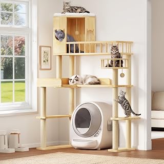 Corner Cat Tree for Automatic Litter Box, 6 Tier Cat Tower, 61''H | Multi-Level Solid Wood Cat Tree for Indoor Large Cats, Tall Cats Scratching Post Furniture w/Cats House, Grey