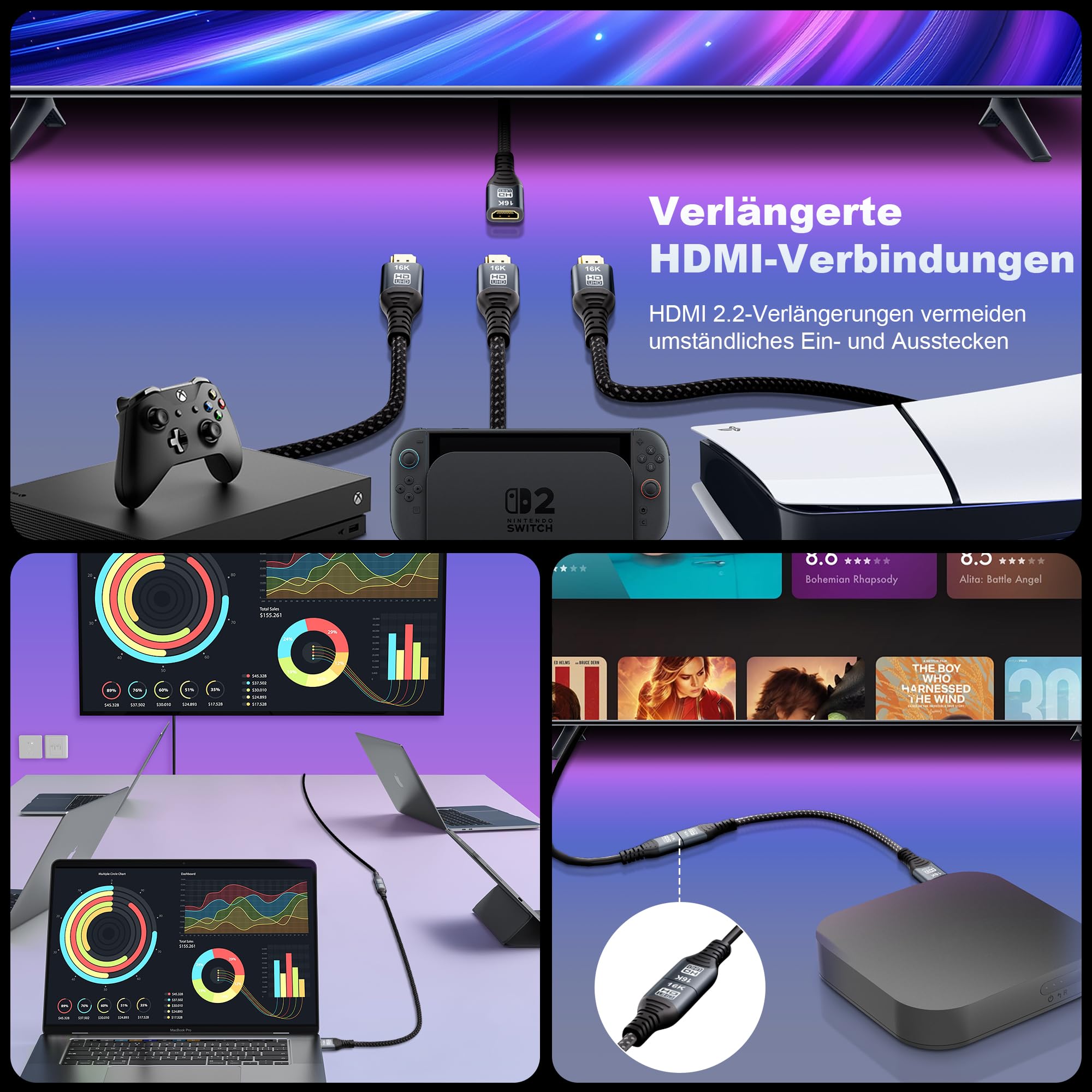 CAKOBLE HDMI Verlängerungskabel 2m,[2 Stück 2m] HDMI 2.2 Kabel 96Gbps Ultra-High-Speed,16K@60Hz,8K@240Hz,4K@480Hz, HDMI 2.1,eARC, HDR10+,HDCP 2.3, Male to Female Verlängerung für TV Gaming Monitor