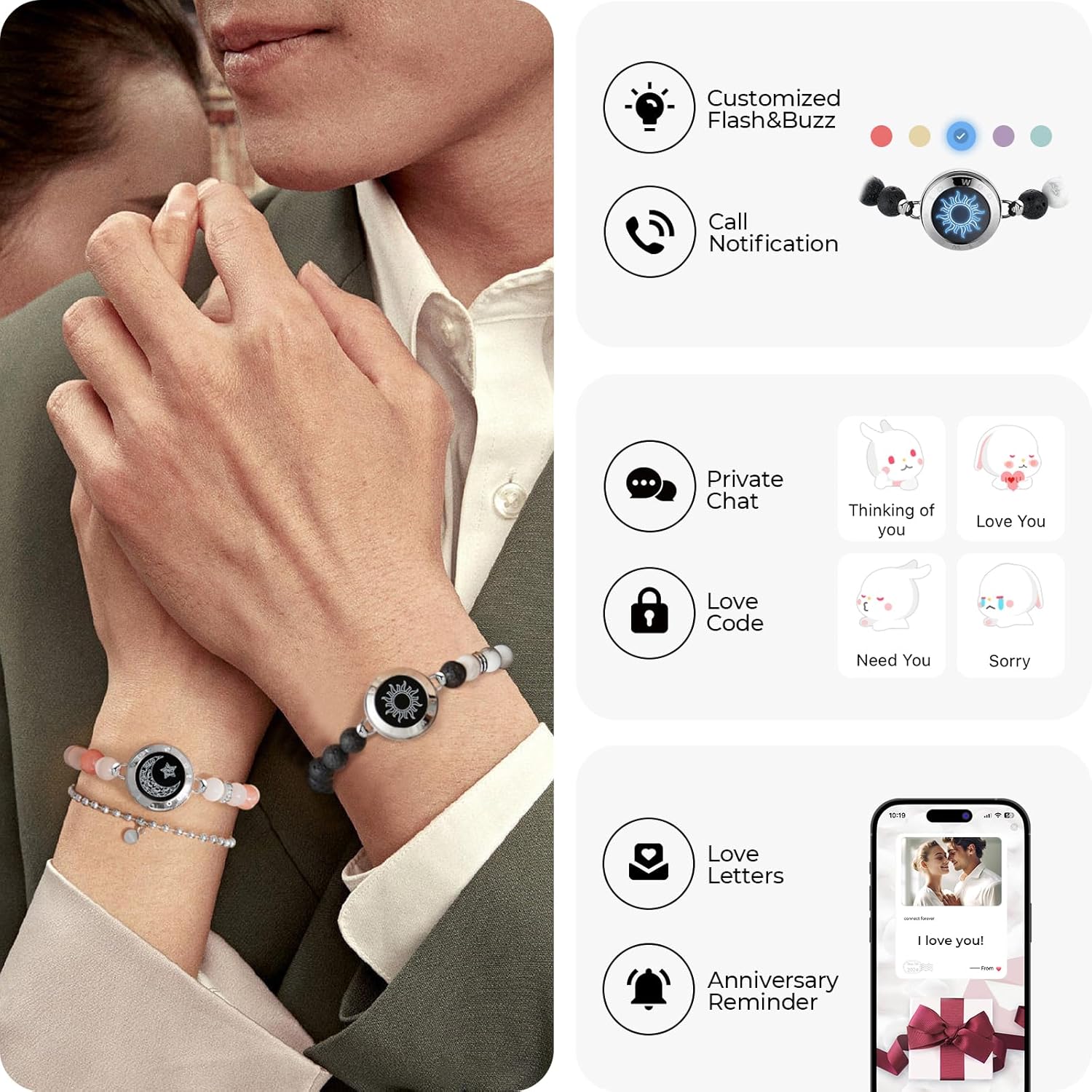 TOTWOO Long Distance Touch Bracelets for Couples, Smart Light up & Vibration Love Jewelry, Healing Stone Bracelet | Valentines Day Gifts for Him Her Women Men, One-to-One Bluetooth Pairing via App - Image 3