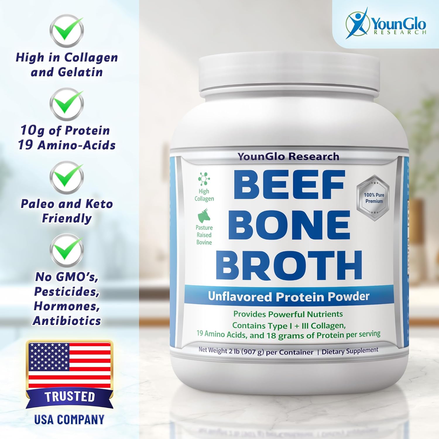 Bone Broth Beef Protein Powder - 2 lb, Unflavored, 4 Pack - High Collagen & Gelatin from Grass Fed Bovine - Nutritious Marrow Benefits for Soups, Paleo & Keto Friendly Diets - Bulk