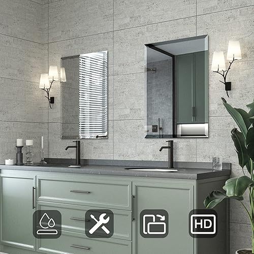 Miniatura 2 de Espejo biselado, espejo de pared de 20 x 28 pulgadas, espejo rectangular sin marco para tocador de baño con borde biselado, se cuelga horizontal o