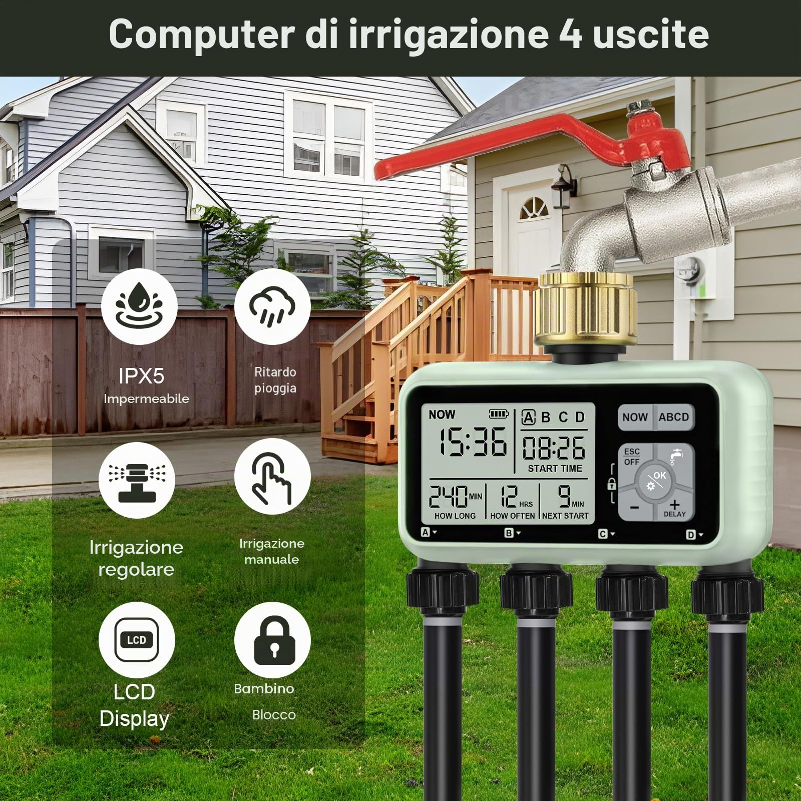 Timer per irrigazione a 4 zone con ingresso in ottone, timer irrigatore, timer programmabile per rubinetto del tubo da giardino esterno con ritardo della pioggia/sistema di irrigazione manuale