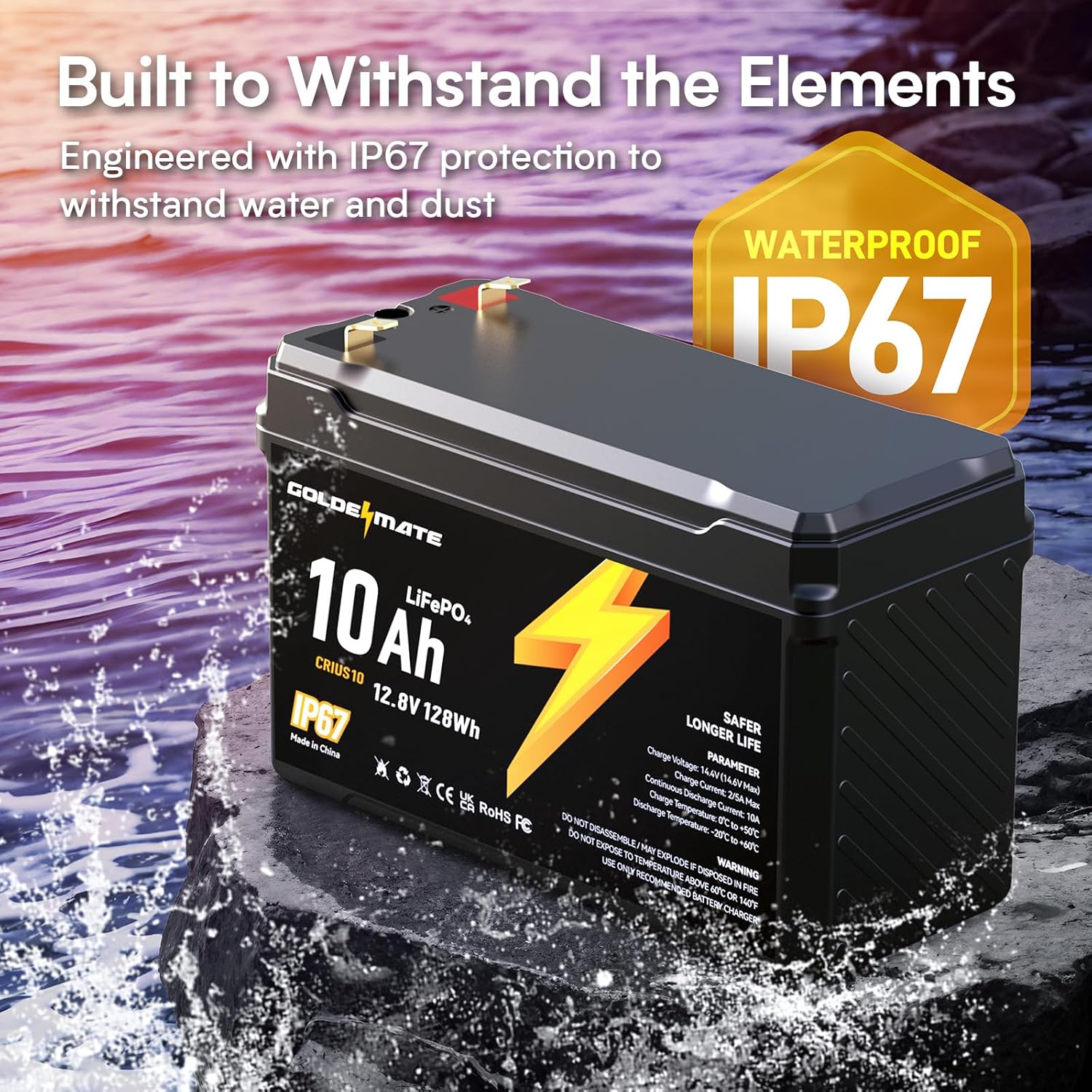 GOLDENMATE 12V 10Ah LiFePO4 Lithium Battery(2 Packs), 5000+ Deep Cycles, IP67 Waterproof Lithium Iron Phosphate Battery, Built-in BMS, Ideal for Power Wheels, Solar, Marine, Fish Finder, Ride-on Toy - Image 3