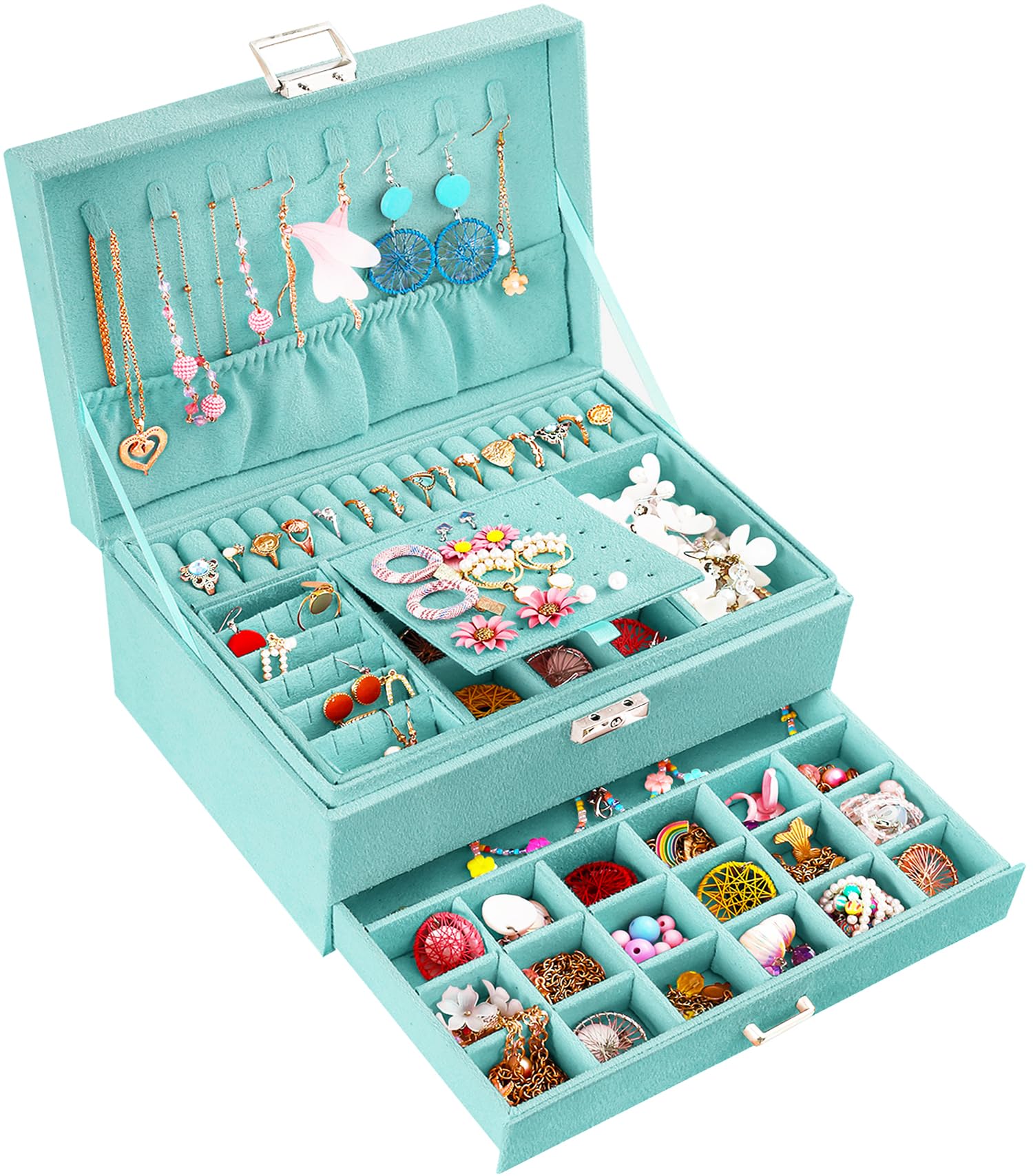 Jewelry Boxes for Women Teal Velvet Jewelry Organizer with Lock Teen Jewelry Organizers and Storage Earring and Necklace