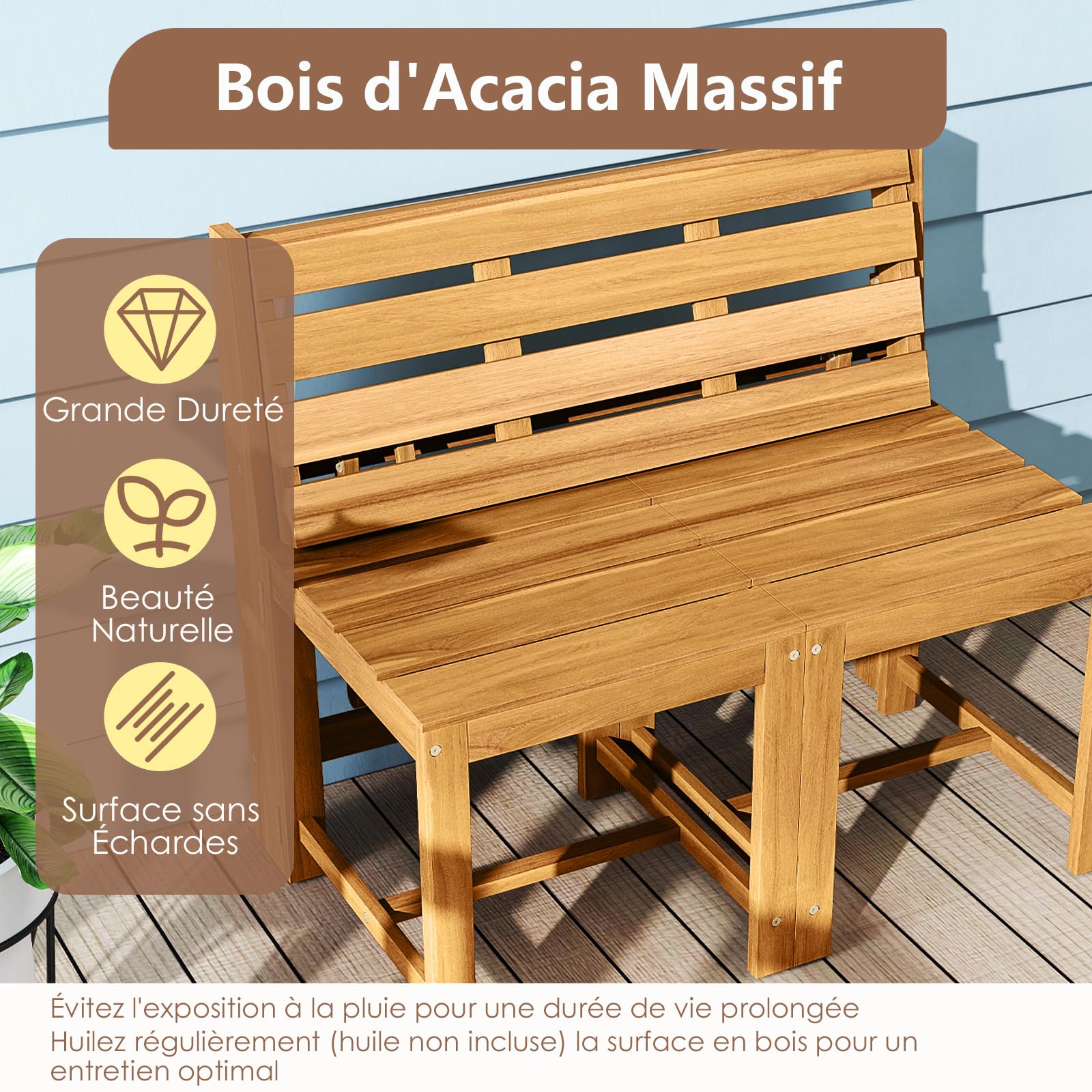 COSTWAY Salon de Jardin 3 en 1 Banc 2 Places Table Rectangulaire Chaises Extérieur Bois d'Acacia Dossiers Inclinés Siège à Lattes