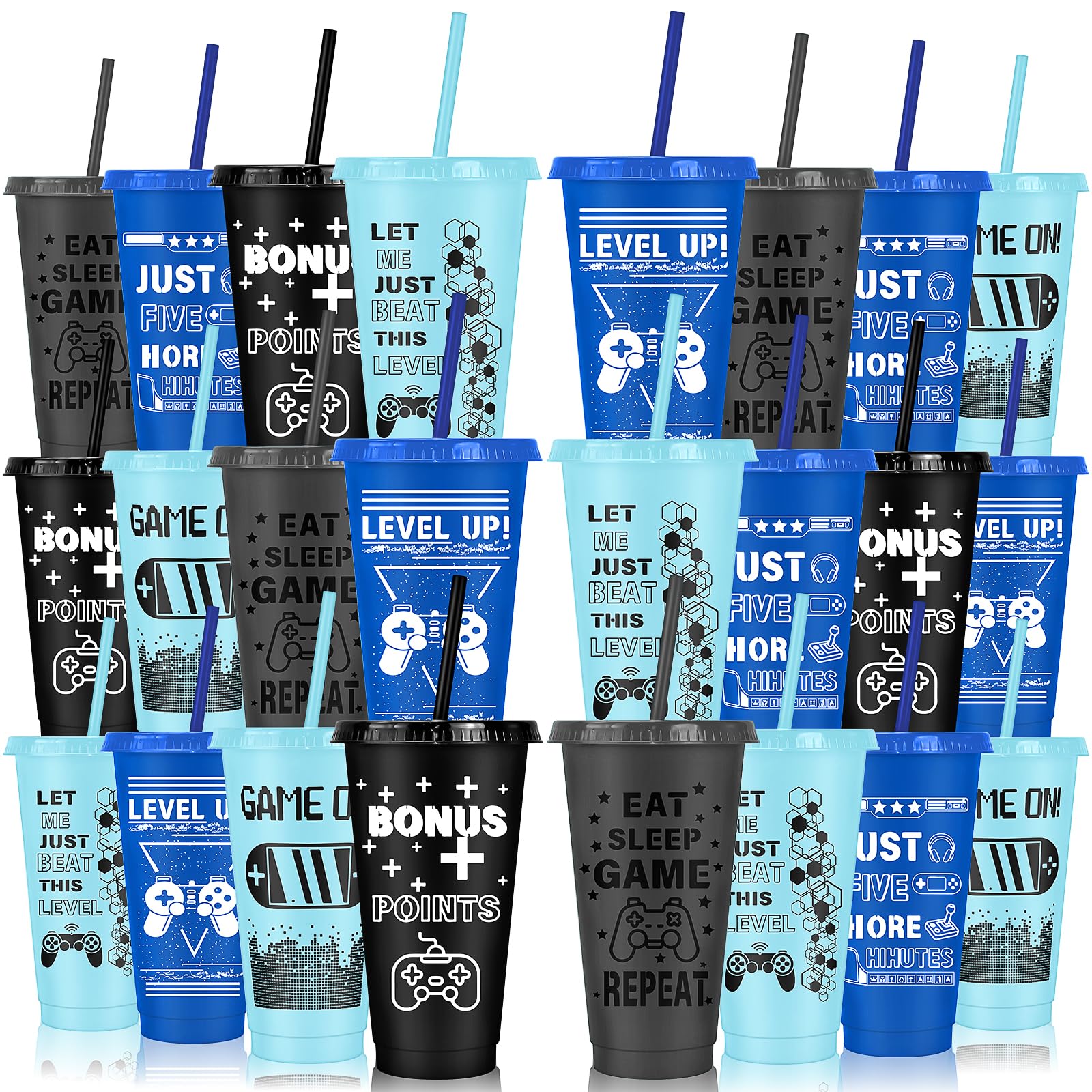 24 Pcs Video Game Plastic Cups with Lids and Straws 710 ml Reusable Tumbler Cute Iced Coffee Travel Cups Mug Water Bottle for Gaming Birthday Supplies Adult Kid - Blue, Grey, Black