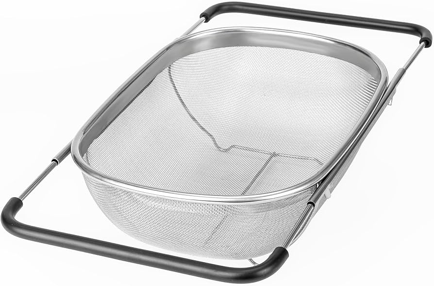 Over the Sink Colander for Kitchen - 6 Quart Over the Sink Strainer Basket with Extendable Ergonomic Handles and Resting Feet - Multipurpose Fine Mesh Strainer for Kitchen