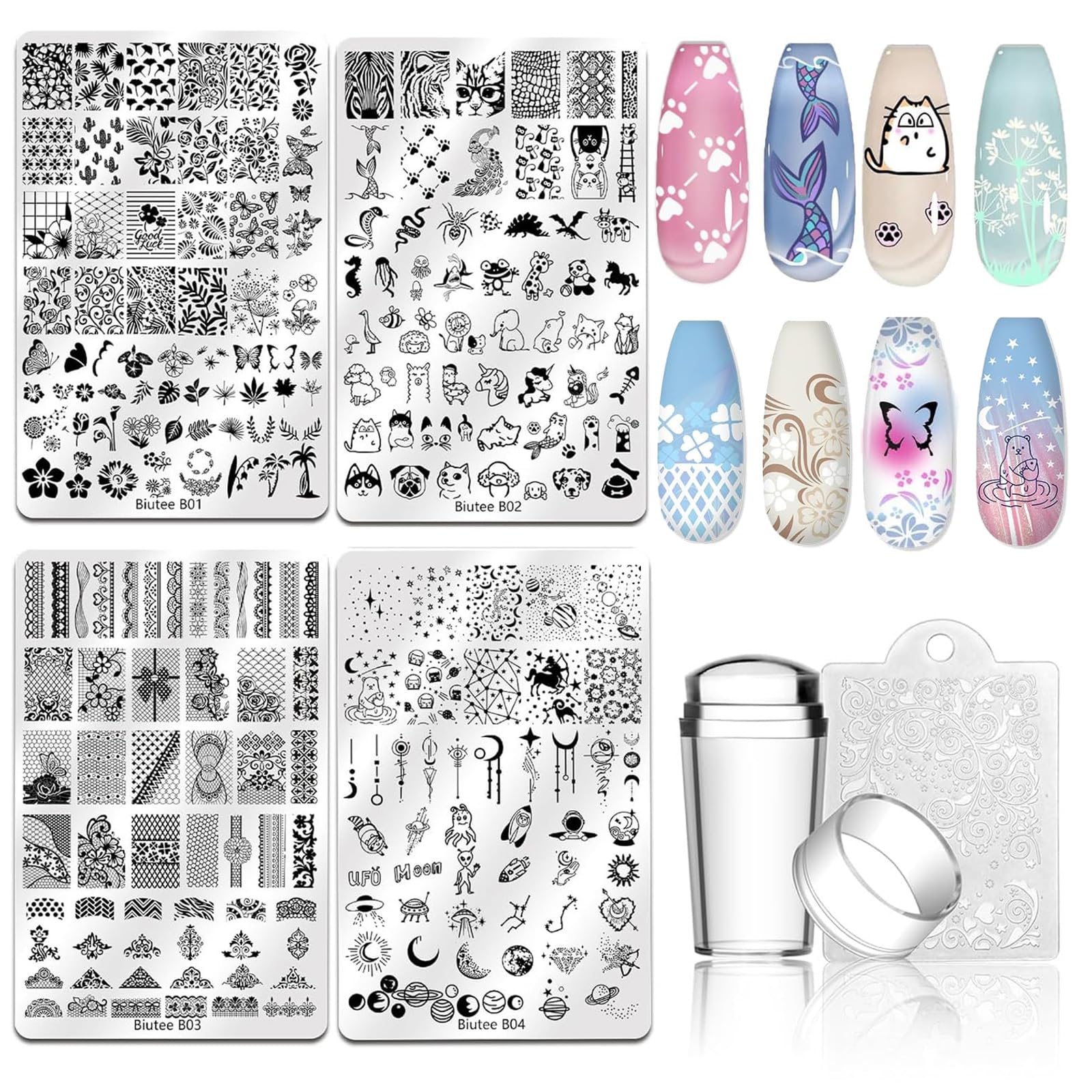 Biutee 4PCS Nail Stamping Plates Set, Includes Nail Art Stamper & Scraper - French Line Lace, Space, Animal, Flower, Leaf Designs - Large Nail Art