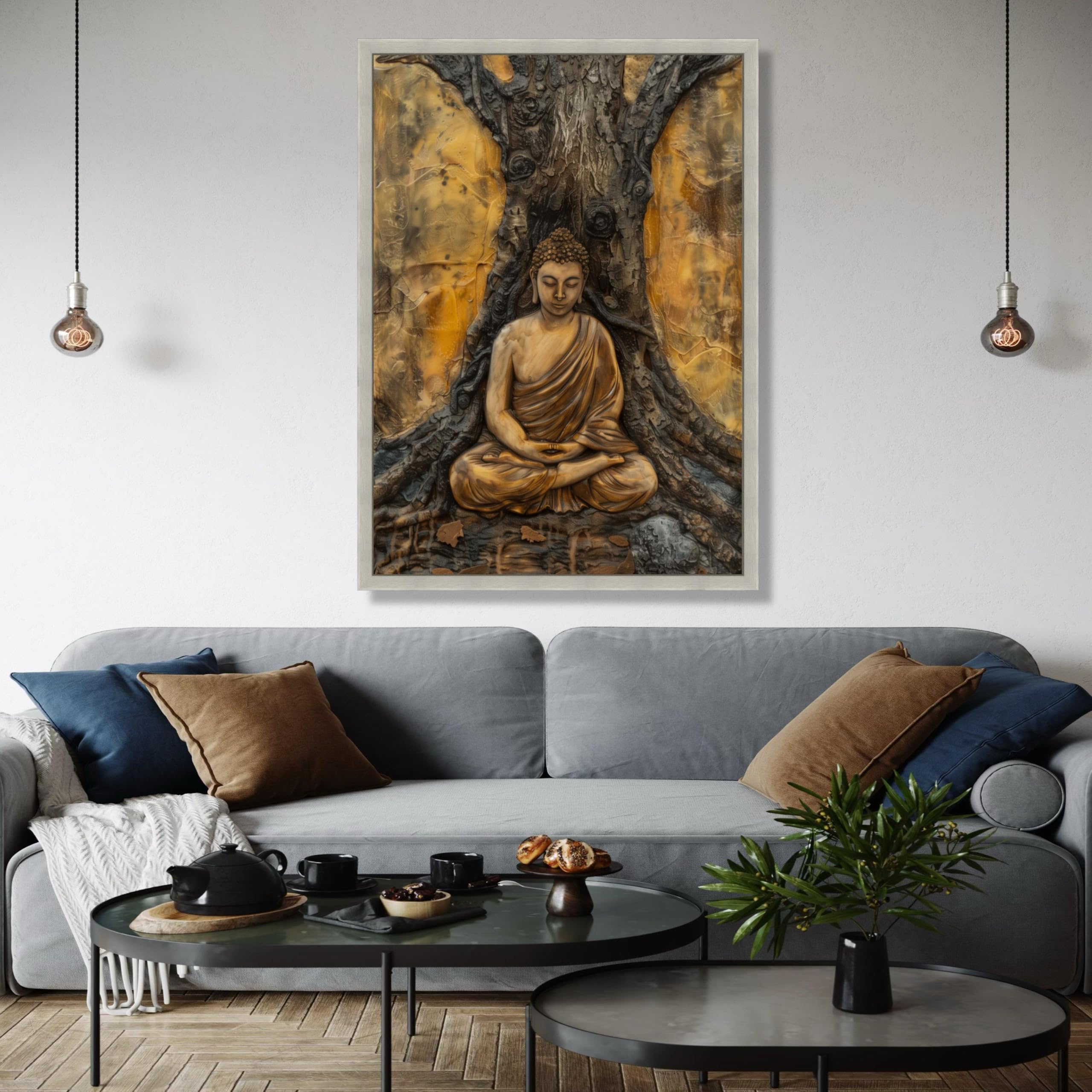 YUSUZHU Tela con meditazione del Buddha sereno, arte murale spirituale, opera d'arte con statua zen, decorazione per la casa, stampa artistica del Buddha sotto l'albero (60x90 cm/cornice interna)