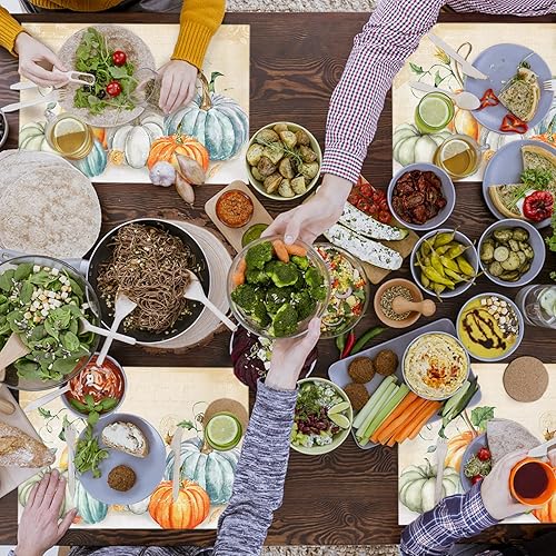 Miniatura 5 de Juego de 6 manteles individuales de Acción de Gracias, manteles individuales de vinilo tejido de PVC lavables, para mesa de comedor, color beige