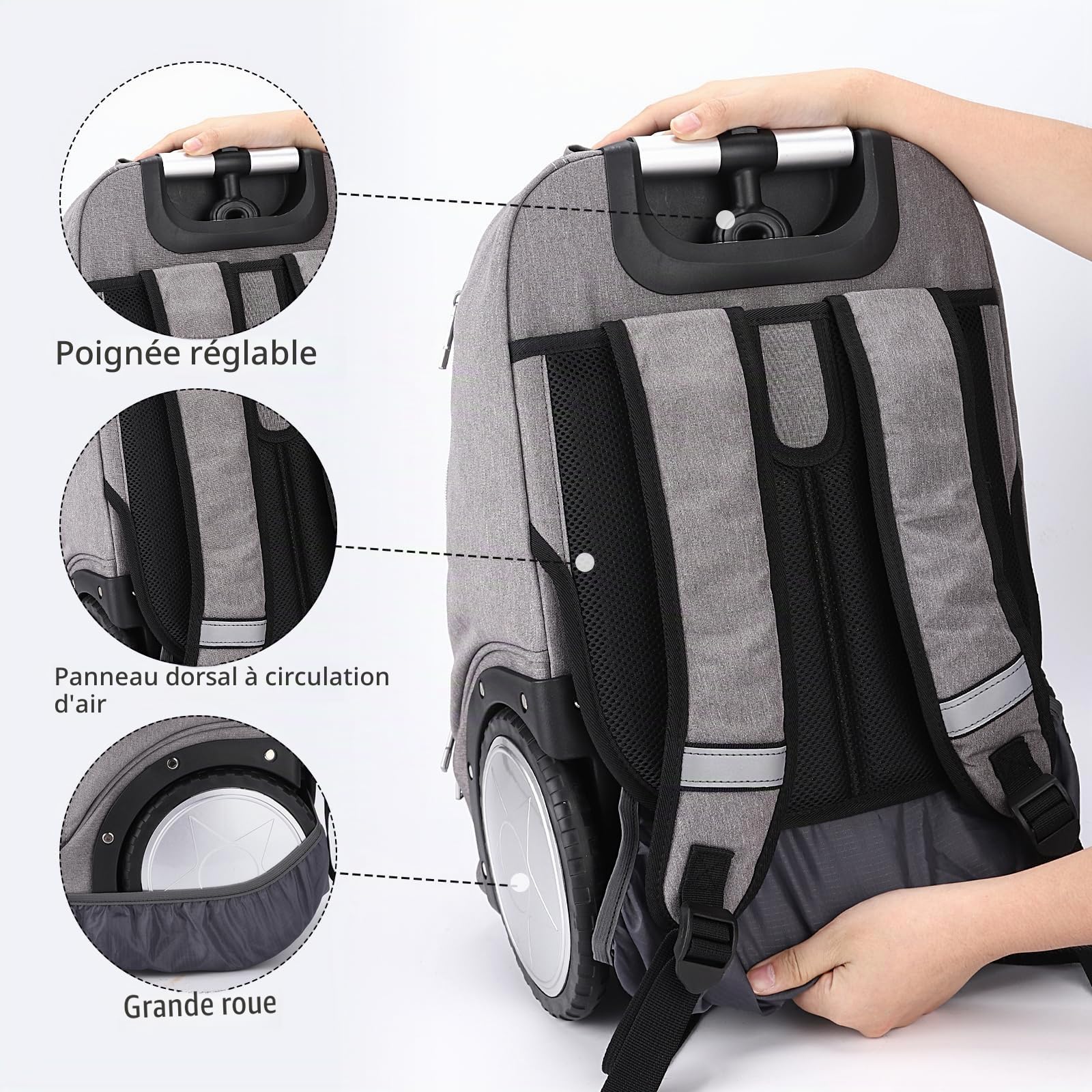 Hivexagon Sac à Dos à roulettes, Sac à Dos Roulant avec Roues de 7 Pouces – Poignée télescopique renforcée,Compartiment pour Ordinateur Portable, Idéal pour Les Affaires et Les Voyages – Gris