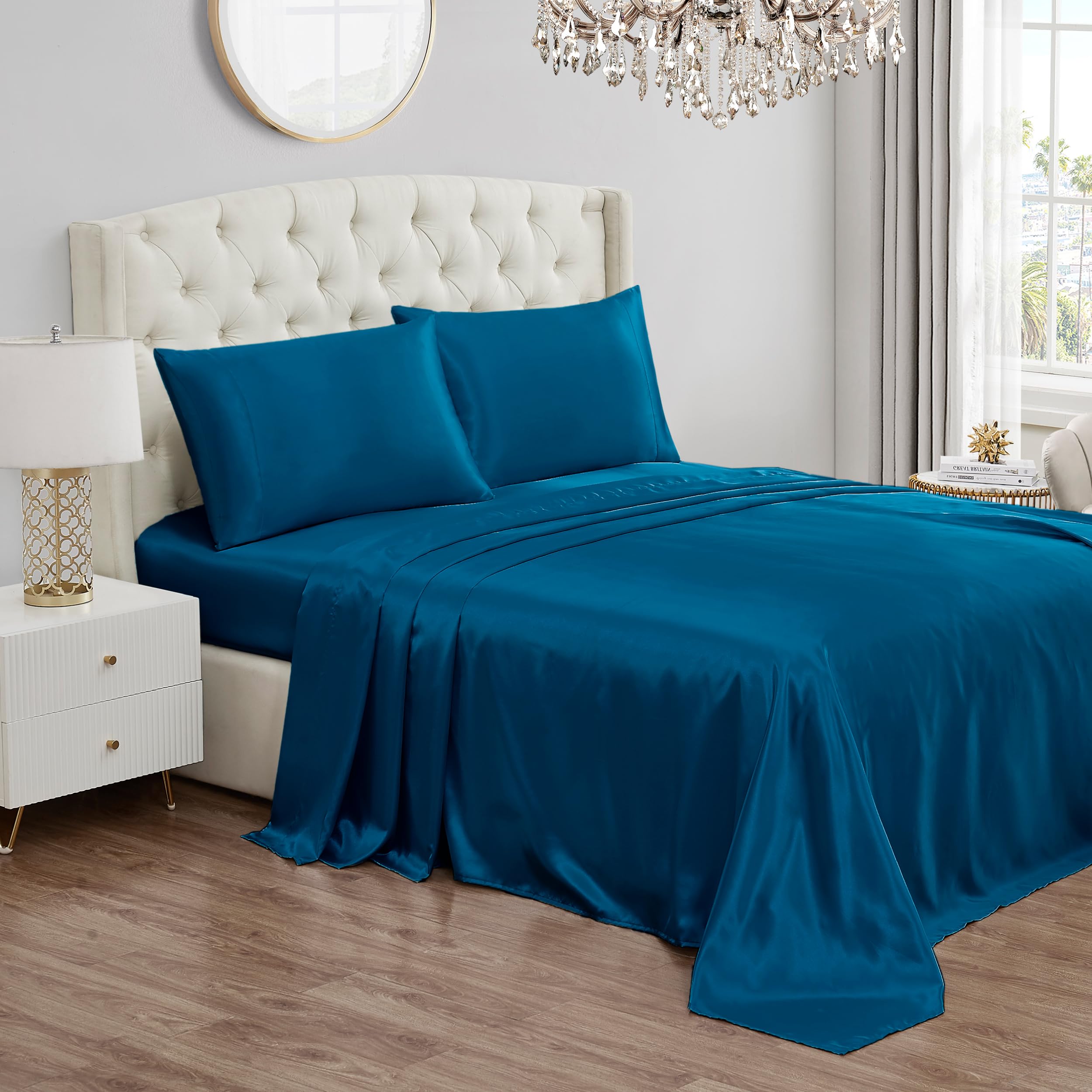 Juicy Couture Twin XL Size Satin Bed Sheet Set, Deep Pocket Silky Twin XL Sheet Set with 1 Fitted Sheet, 1 Flat Sheet, 1 Pillow Case, Wrinkle Resistant and Anti Pilling Bed Sheets - Blue