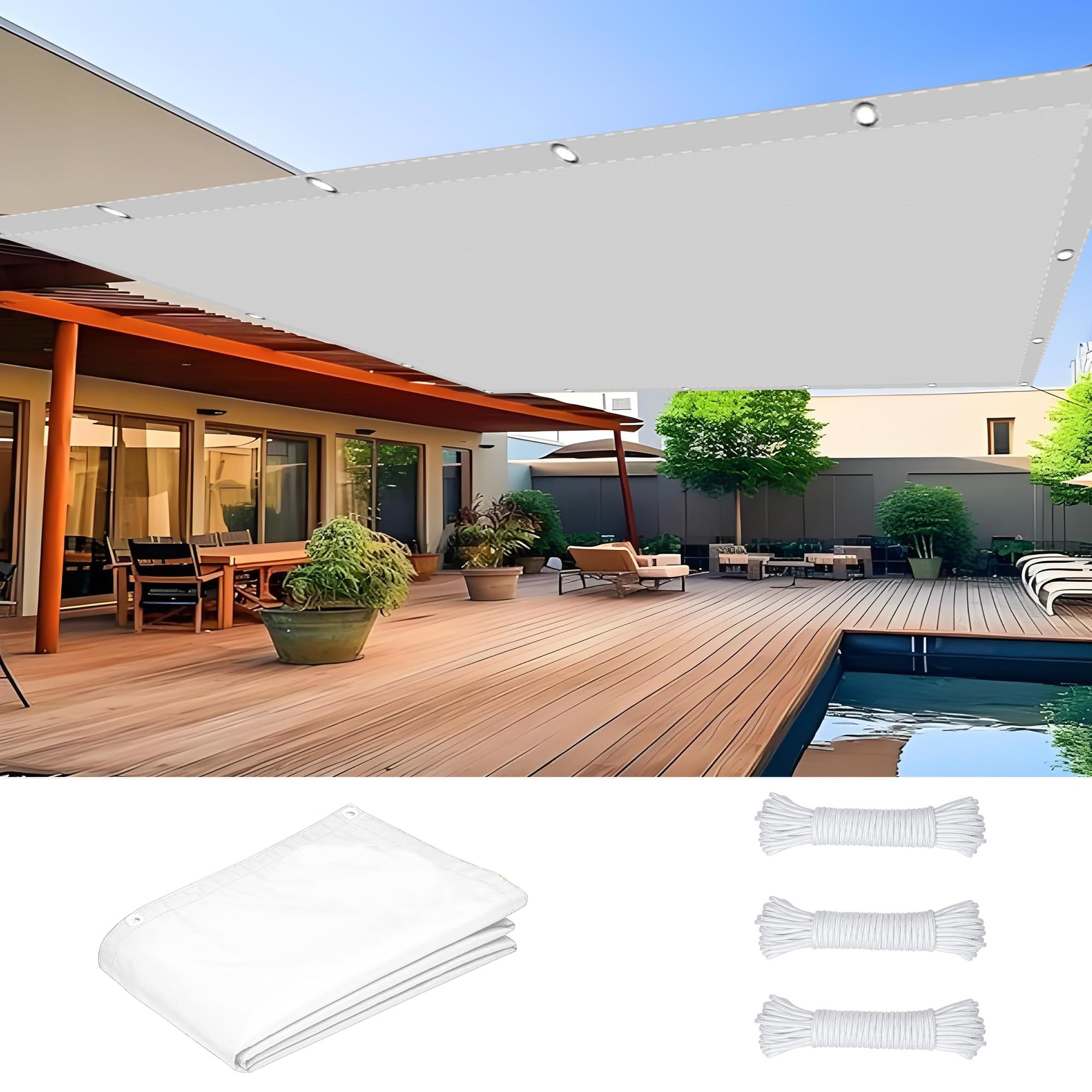 Toile d'ombrage de balcon imperméable et anti-UV blanche 1.2x6.5 m à oeillets