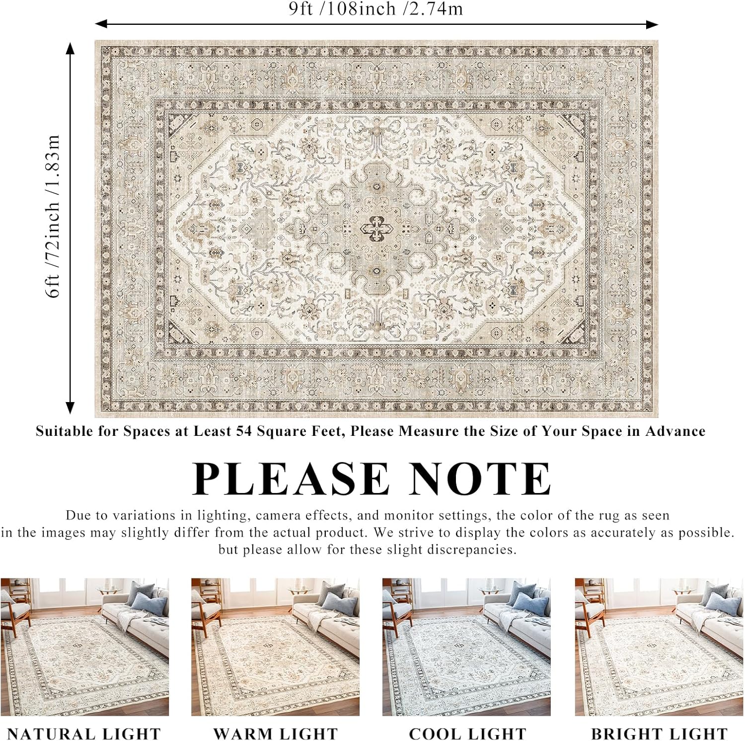 washable area rug 6x9 - bedroom living room large indoor rugs soft oriental vintage rugs non-slip backing stain resistant for farmhouse kitchen (6x9 ivory/multi) 6' x 9' (rectangular) ivory