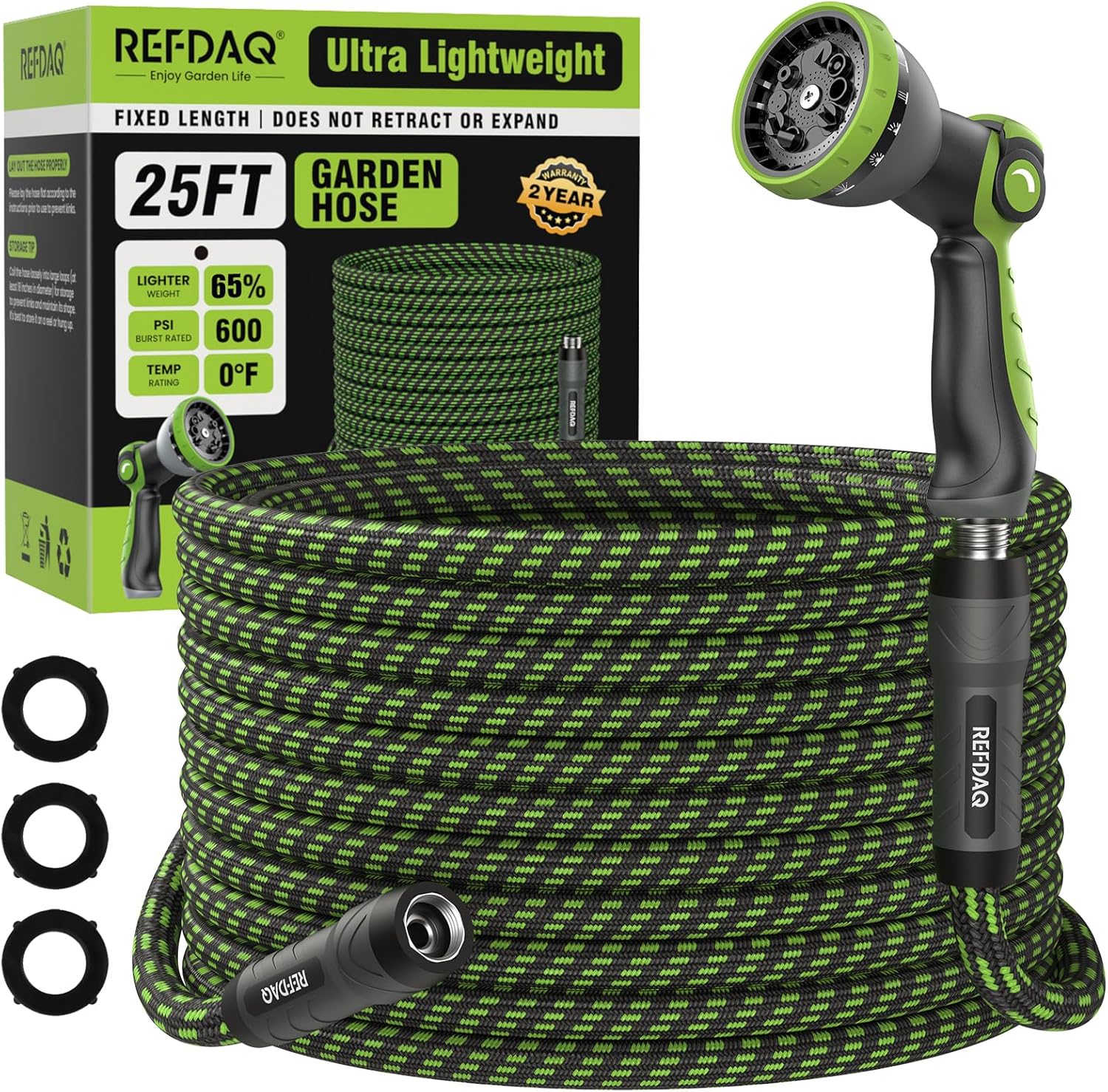 Garden Hose, Flexible Ultra Lightweight Durable, Kink-Free Water Hose with 10 Function Sprayer - Non-Shrinking, Easy to Store, All-Weather, High-Pressure (25FT)
